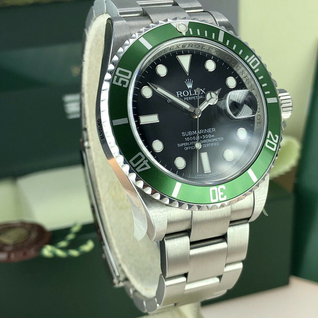 2009 NOS Rolex 16610LV Submariner Anniversary Green Kermit Full Set Card V