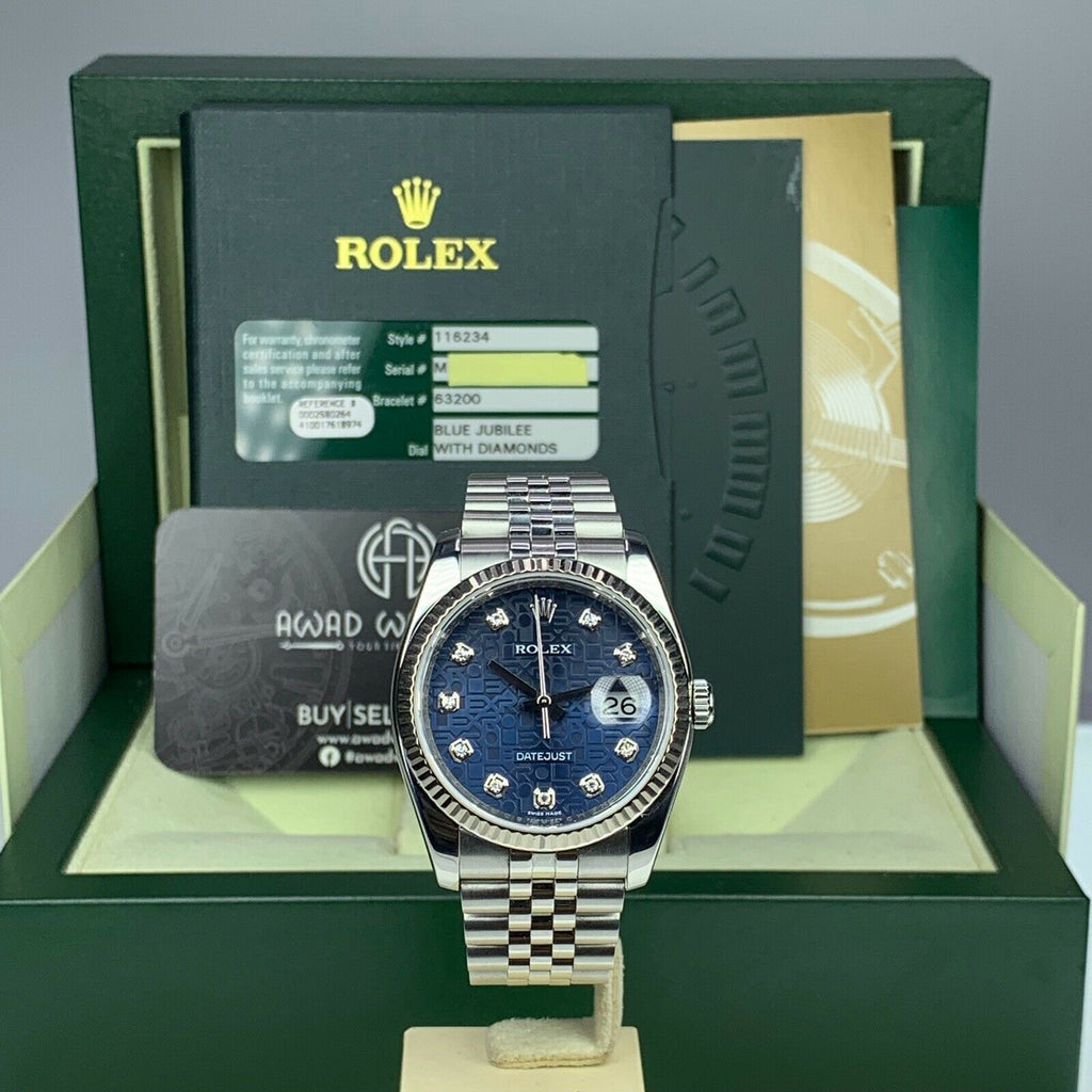 2009 Rolex Datejust 116234 Factory Diamond Blue Jubilee Box & Papers