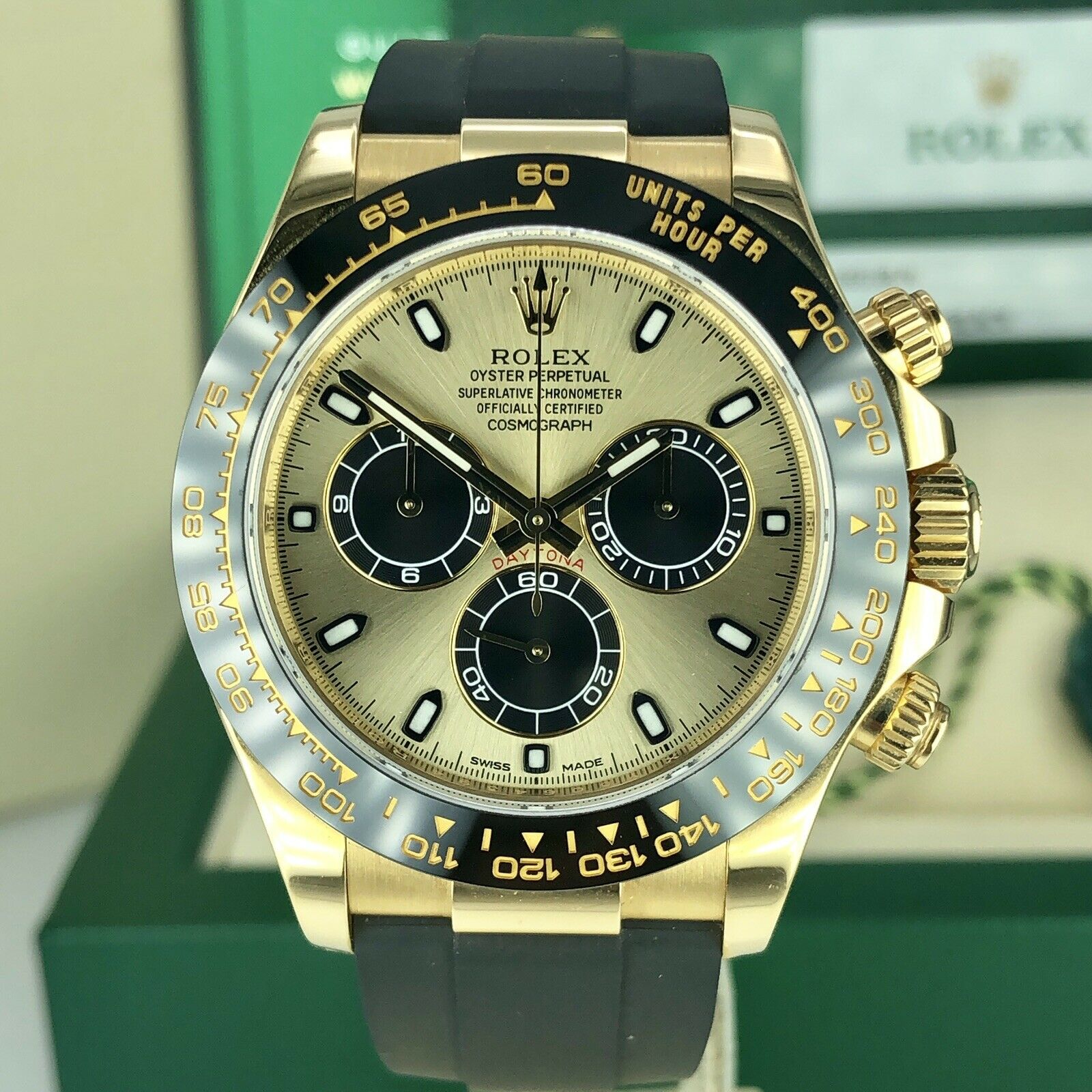 2018 Rolex Daytona 116518LN Yellow Gold Champagne/Black Dial Rubber Box & Card