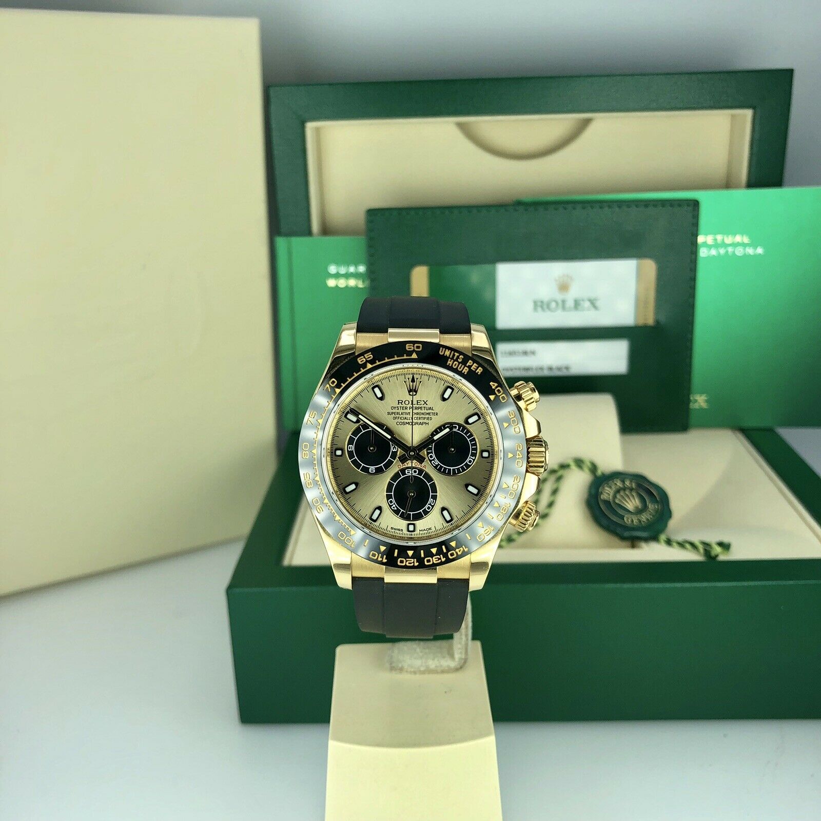 2018 Rolex Daytona 116518LN Yellow Gold Champagne/Black Dial Rubber Box & Card