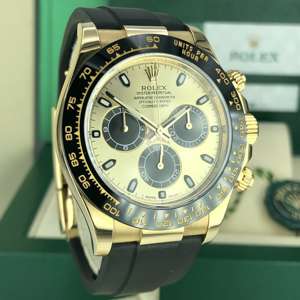 2018 Rolex Daytona 116518LN Yellow Gold Champagne/Black Dial Rubber Box & Card