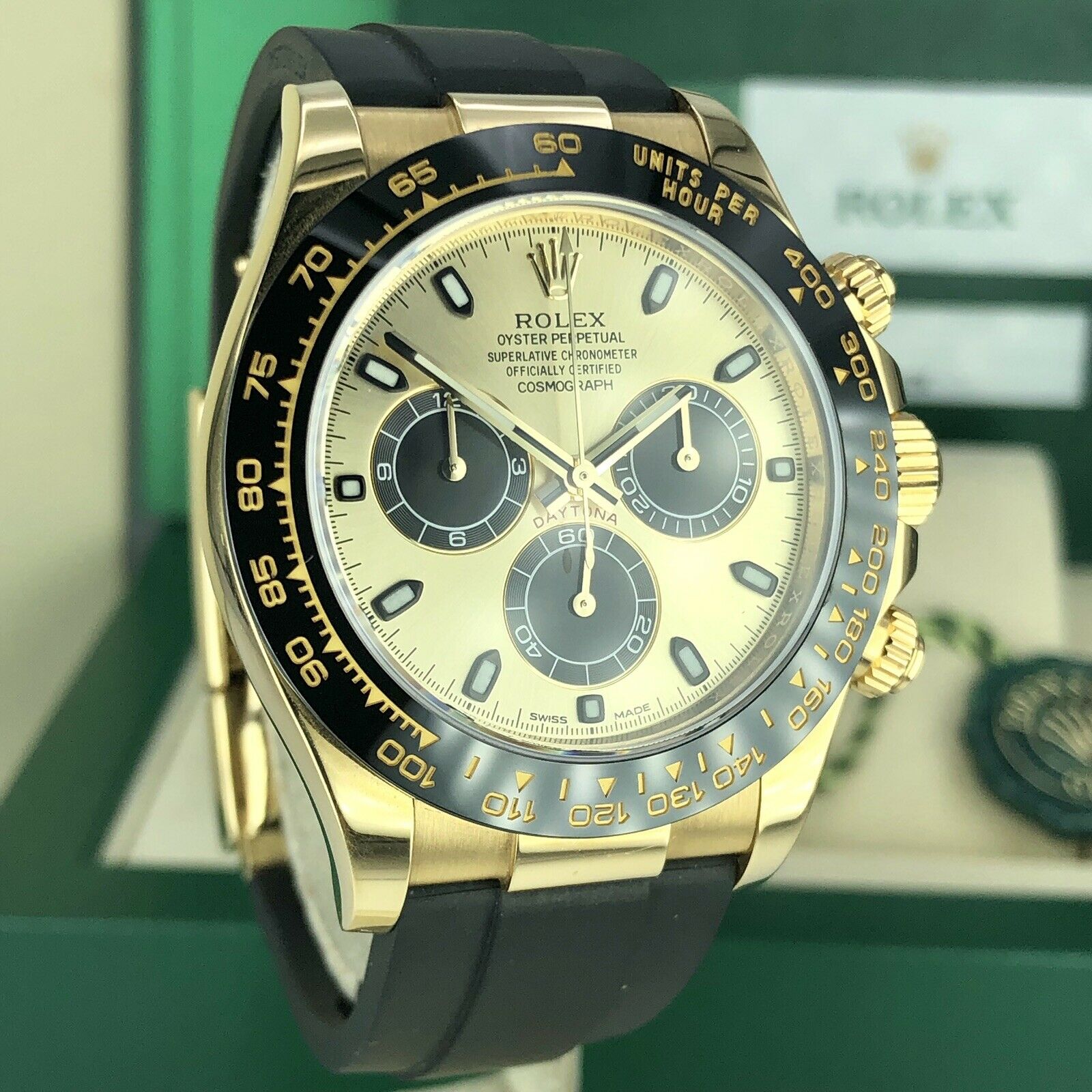 2018 Rolex Daytona 116518LN Yellow Gold Champagne/Black Dial Rubber Box & Card