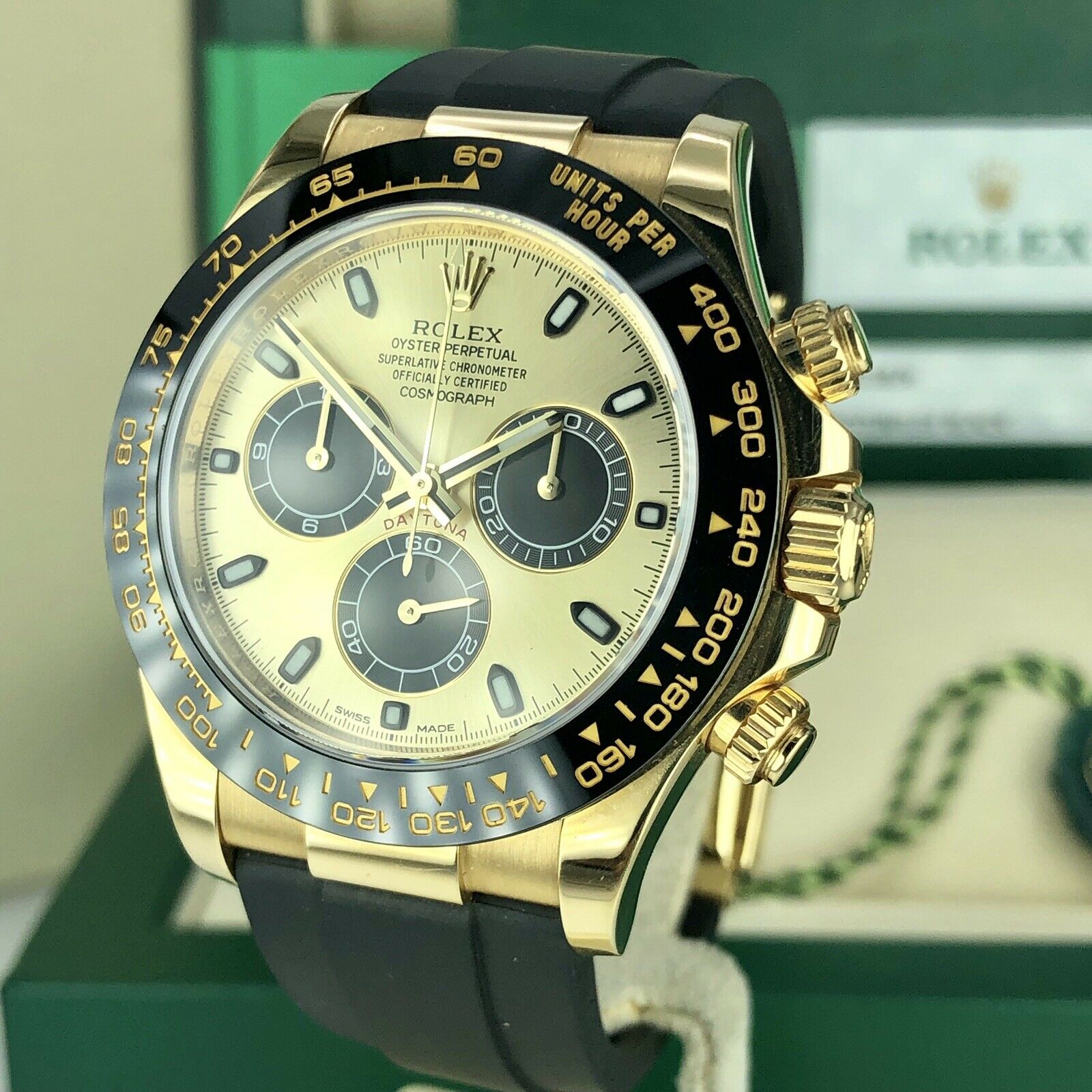 2018 Rolex Daytona 116518LN Yellow Gold Champagne/Black Dial Rubber Box & Card