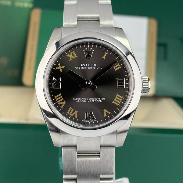 2018 Rolex Oyster Perpetual 177200 Midsize Dark Gray Roman Dial with Box and Card