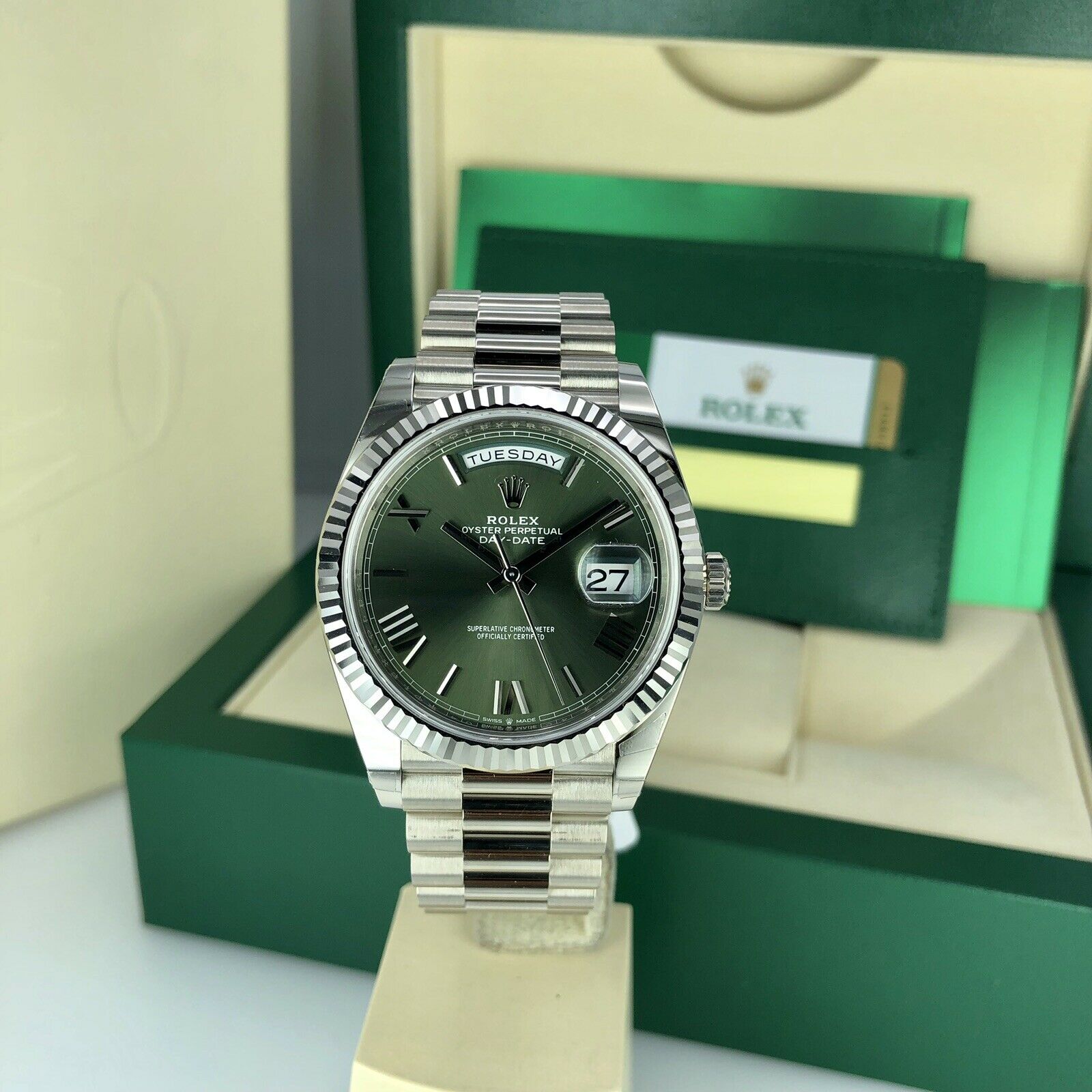 2019 Rolex Day-Date 228239 Olive Green White Gold 40mm With Box And Card Unworn