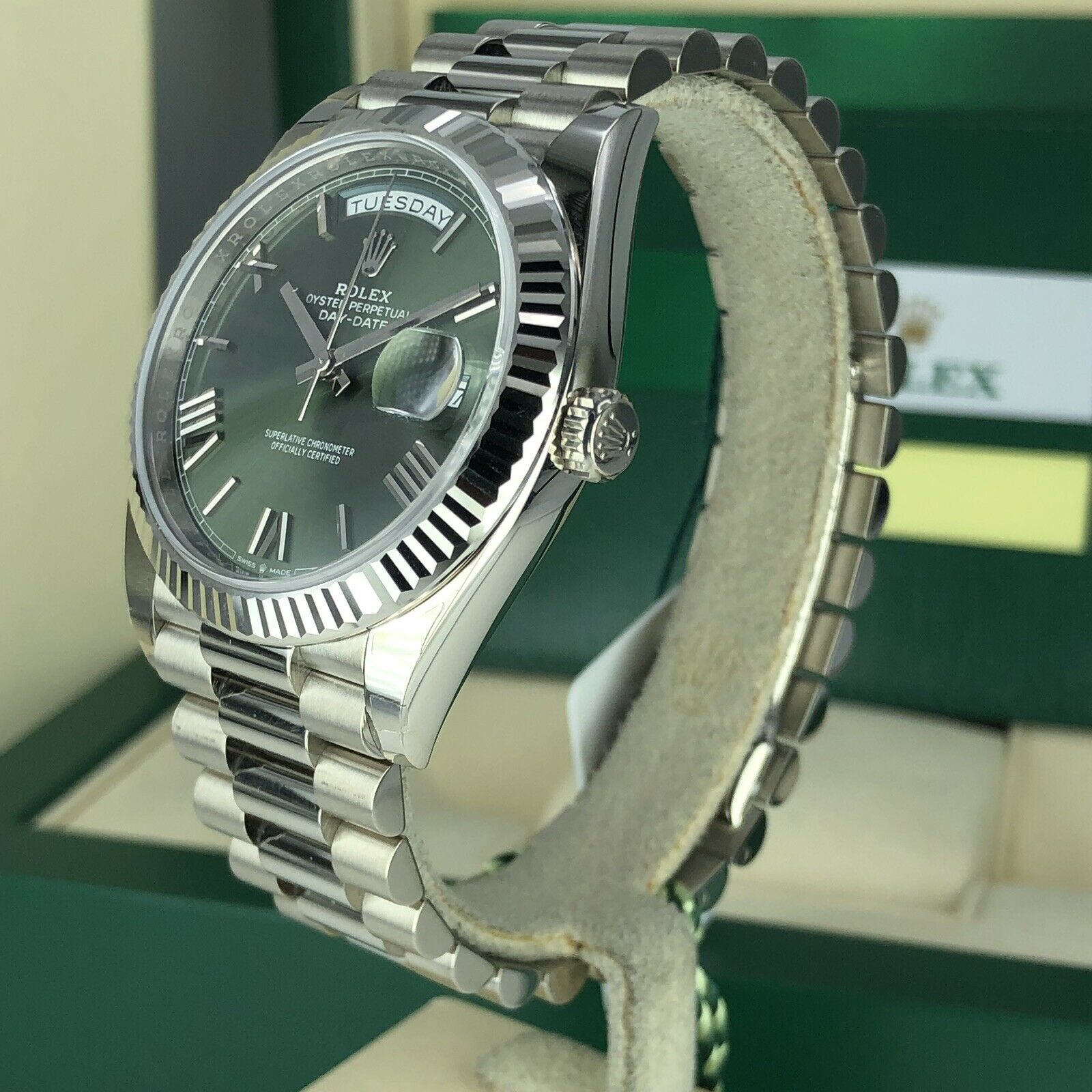 2019 Rolex Day-Date 228239 Olive Green White Gold 40mm With Box And Card Unworn