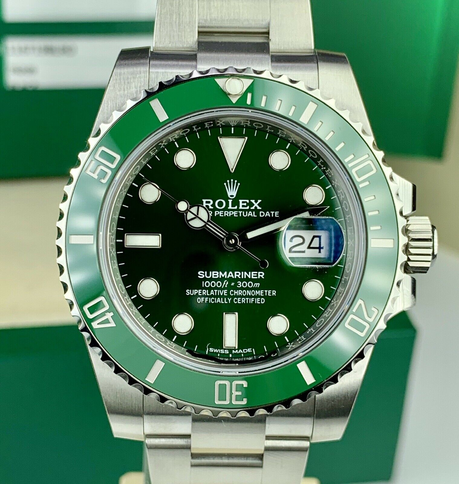 2019 Unworn Rolex 116610LV Submariner Anniversary Hulk Full Stickers Box & Card