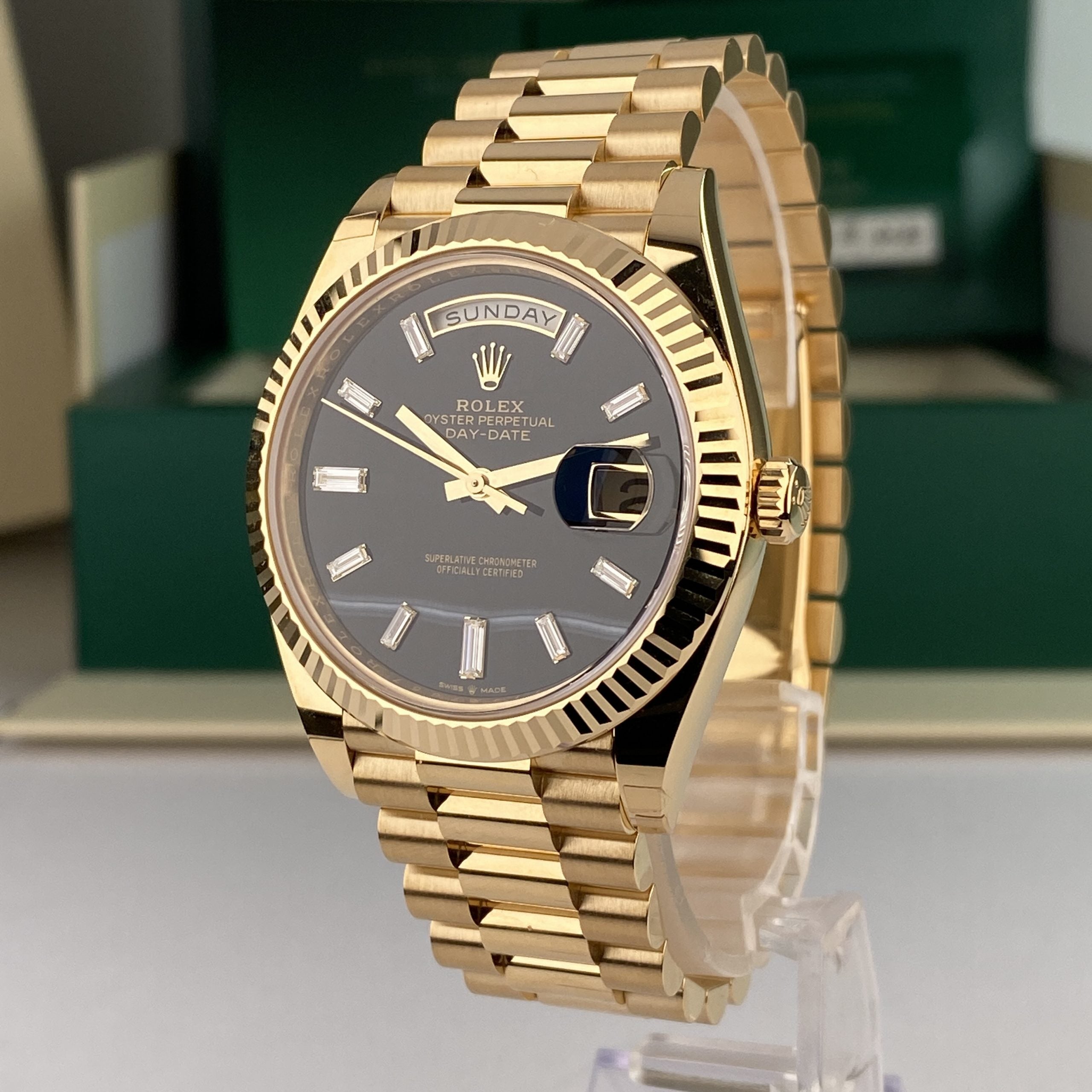 2022 Rolex Day-Date 228238 40mm Onyx Baguette Complete Set Unworn