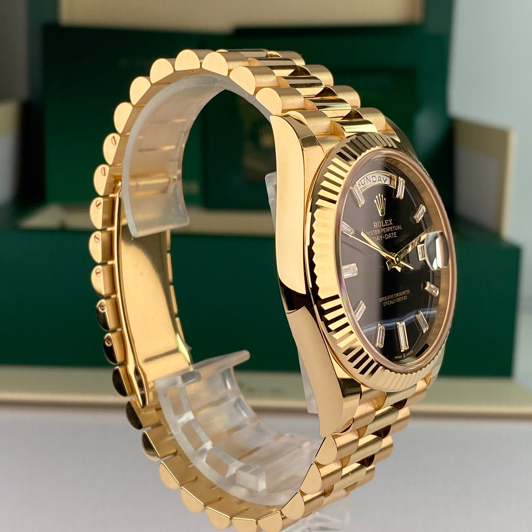 2022 Rolex Day-Date 228238 40mm Onyx Baguette Complete Set Unworn