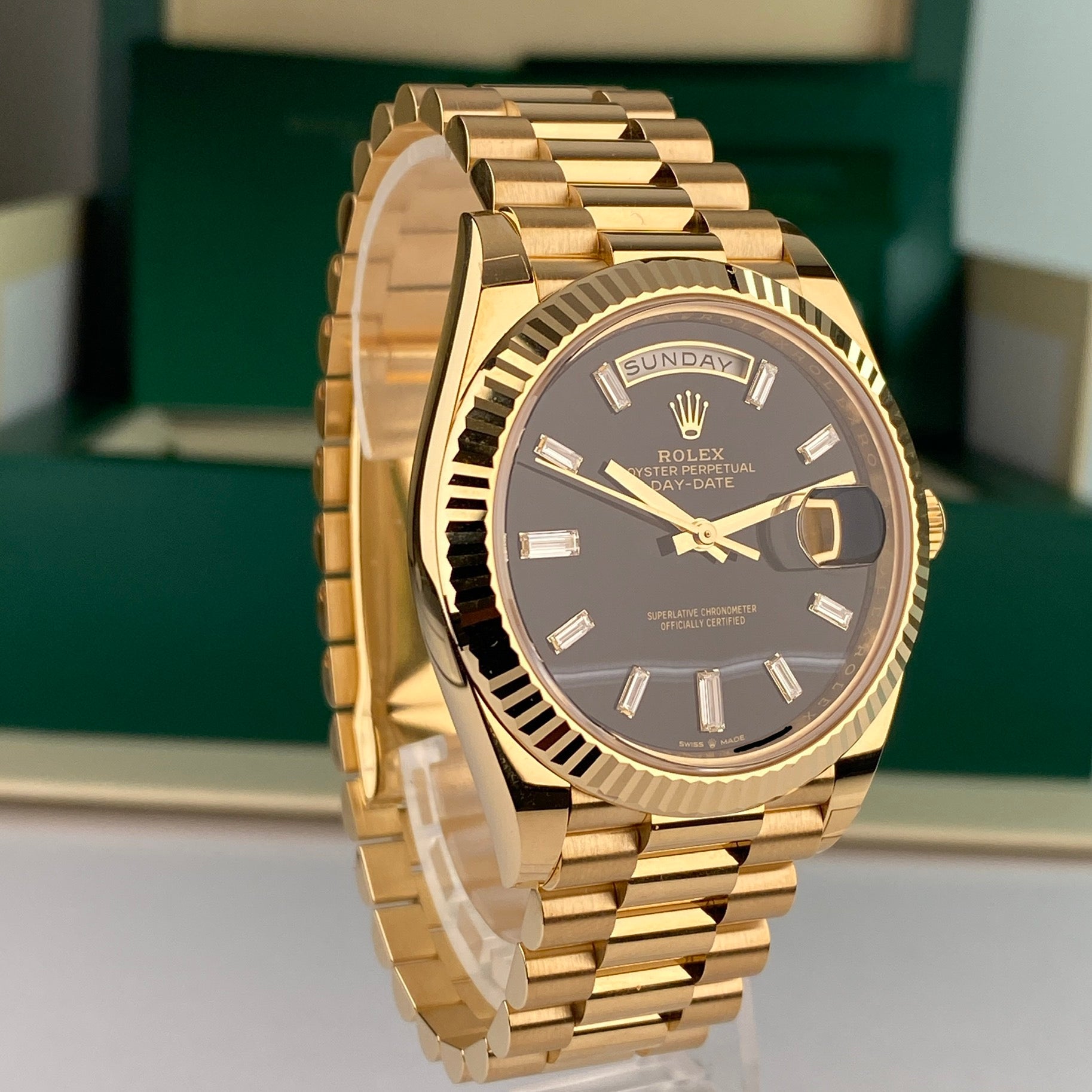 2022 Rolex Day-Date 228238 40mm Onyx Baguette Complete Set Unworn