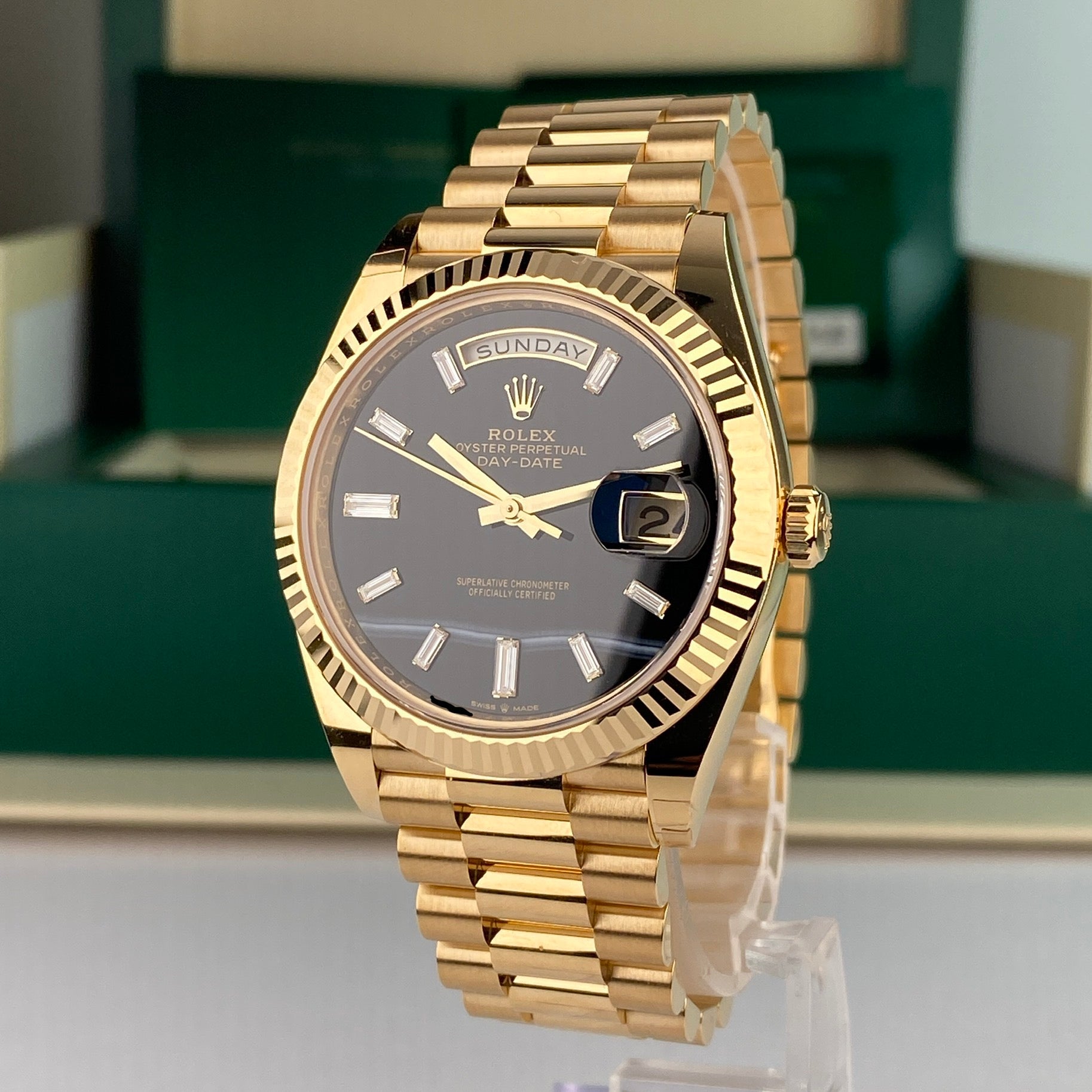 2022 Rolex Day-Date 228238 40mm Onyx Baguette Complete Set Unworn