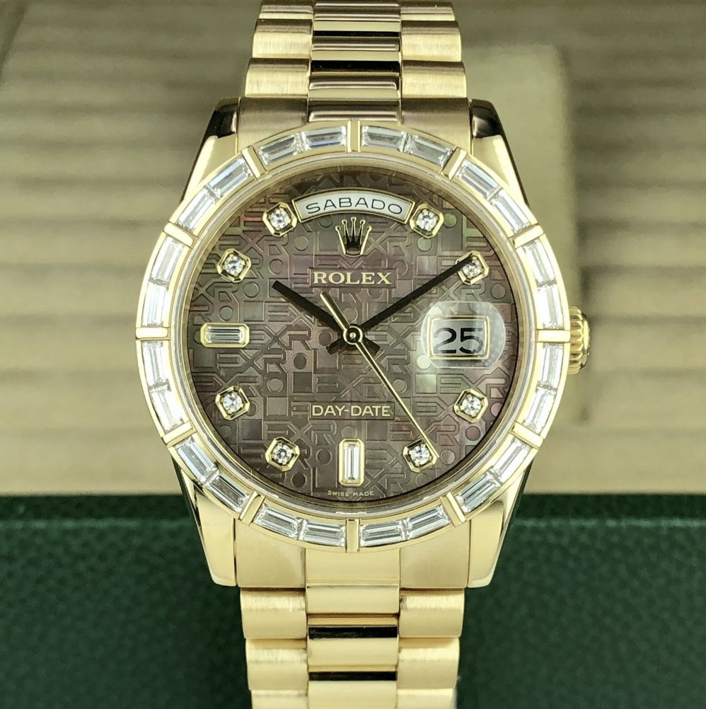 2003 Rolex Day-Date 118238 Factory Baguette Bezel & Jubilee Black MOP Dial