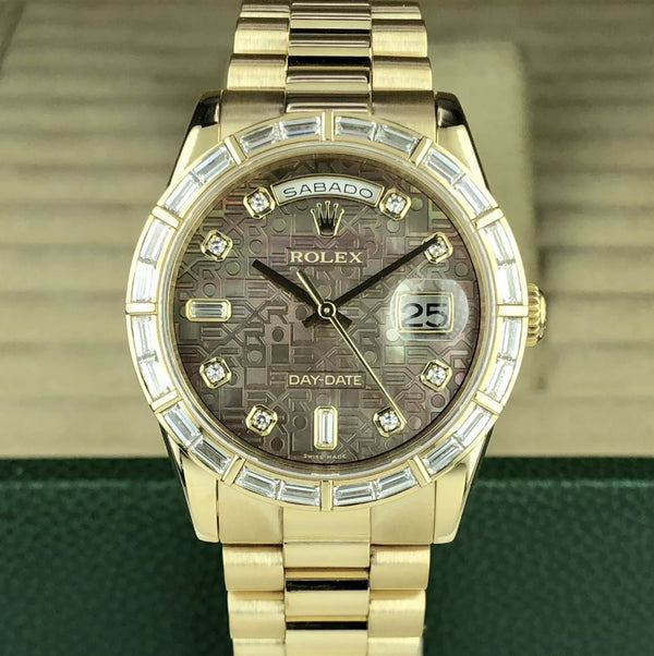 2003 Rolex Day-Date 118238 Factory Baguette Bezel & Jubilee Black MOP Dial