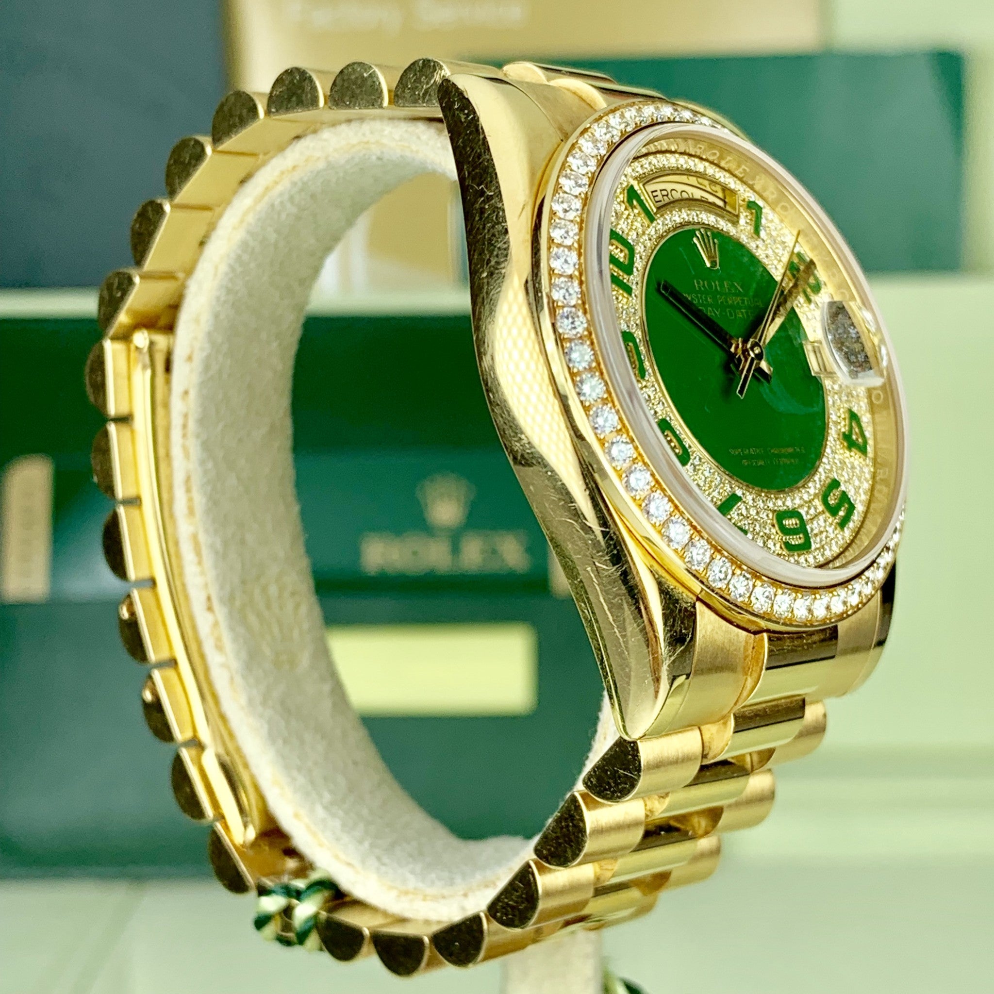 2007 Rolex Day-Date 50th Anniversary 118348 Pave Green Diamond With Box & Card