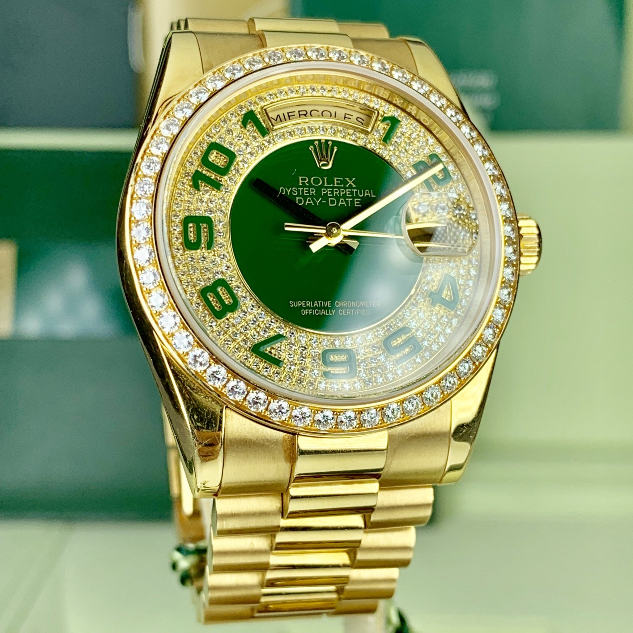 2007 Rolex Day-Date 50th Anniversary 118348 Pave Green Diamond With Box & Card