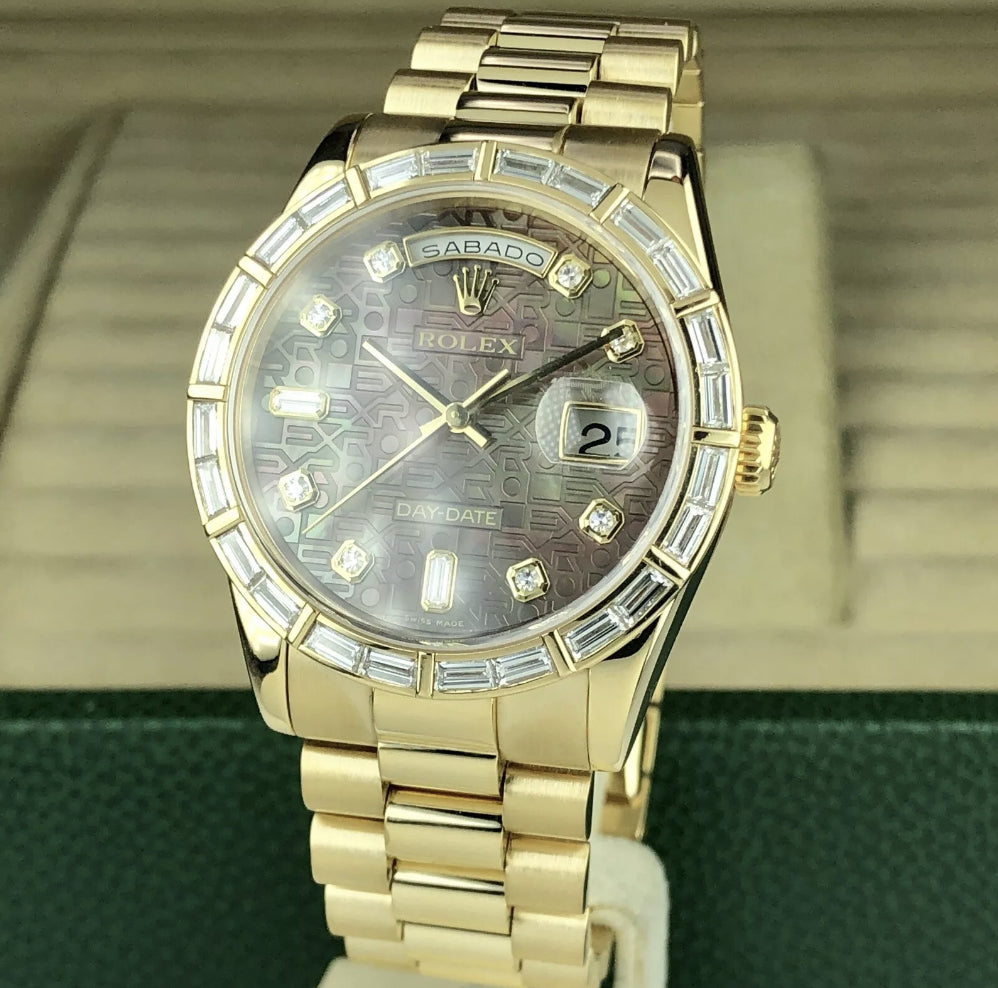 2003 Rolex Day-Date 118238 Factory Baguette Bezel & Jubilee Black MOP Dial