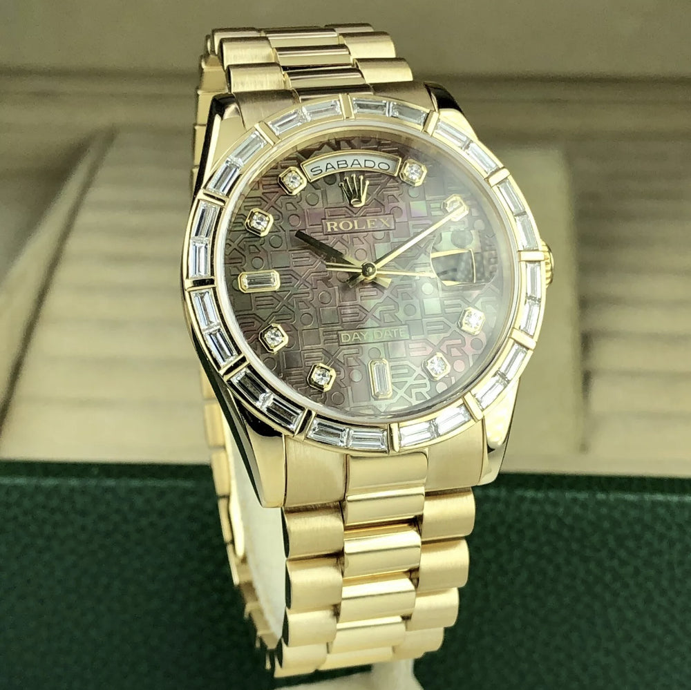 2003 Rolex Day-Date 118238 Factory Baguette Bezel & Jubilee Black MOP Dial