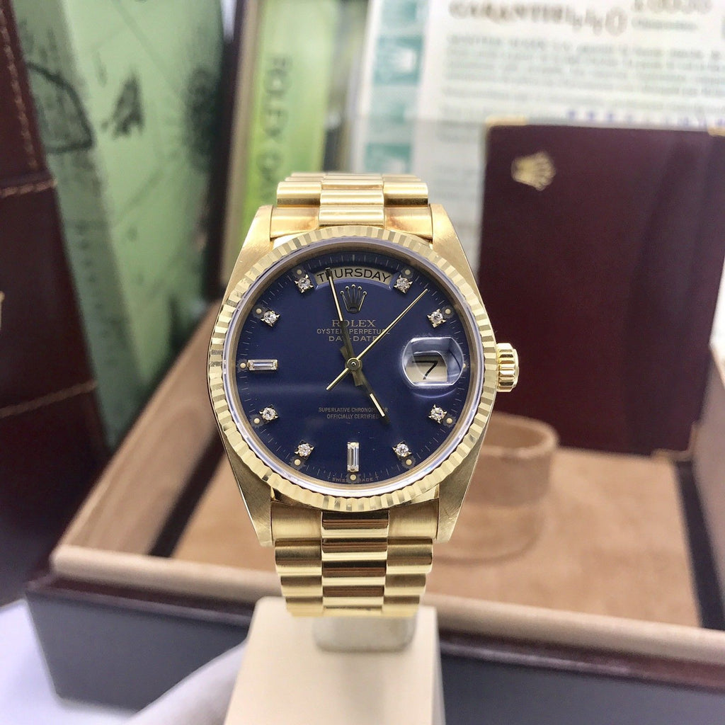Vintage Rolex Day Date 18038 Solid 18k Gold Blue Diamond Factory Dial Full Set