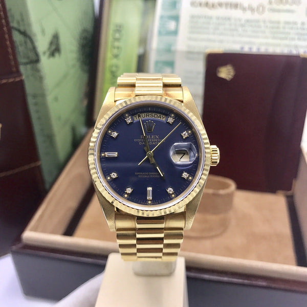 Vintage Rolex Day Date 18038 Solid 18k Gold Blue Diamond Factory Dial Full Set