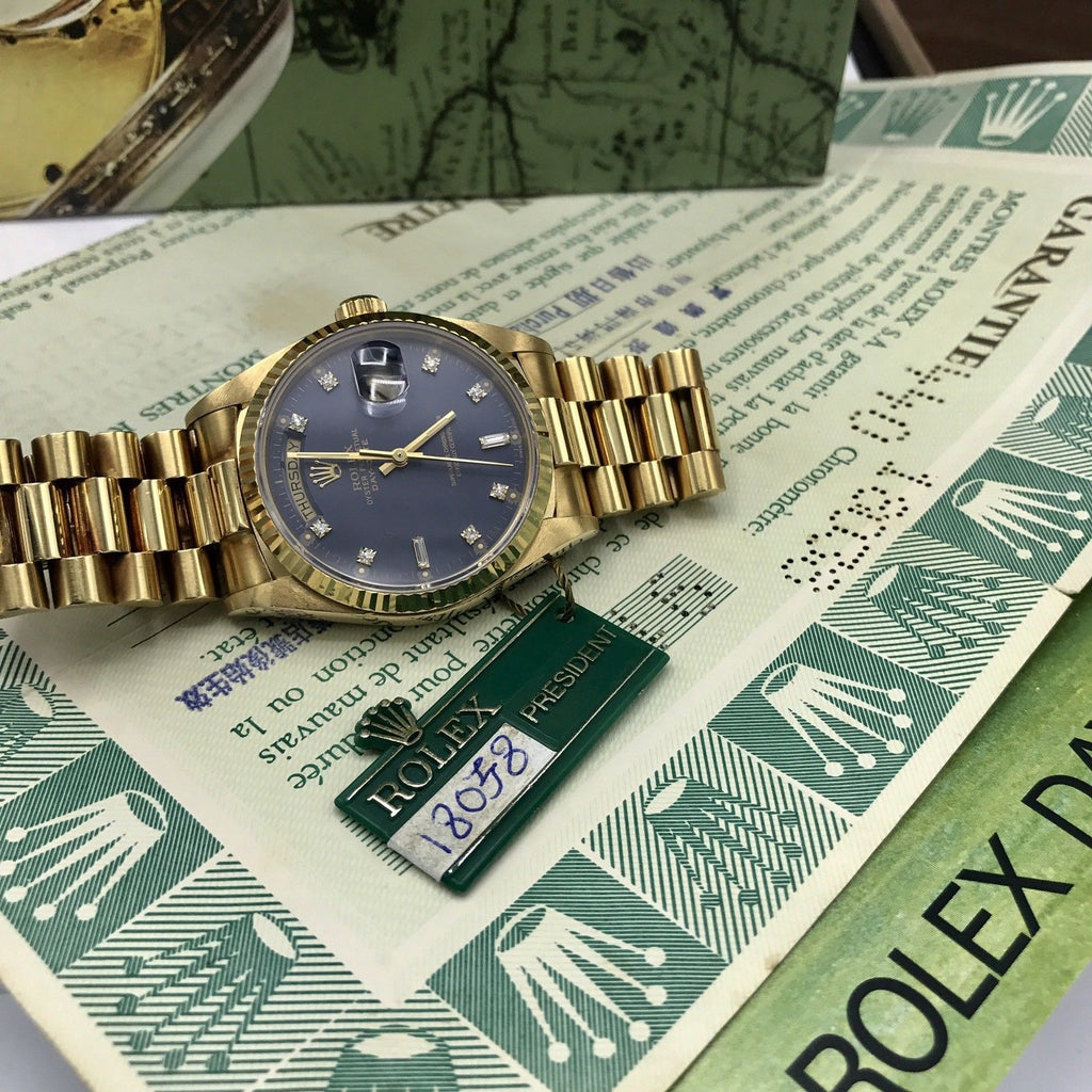 Vintage Rolex Day Date 18038 Solid 18k Gold Blue Diamond Factory Dial Full Set