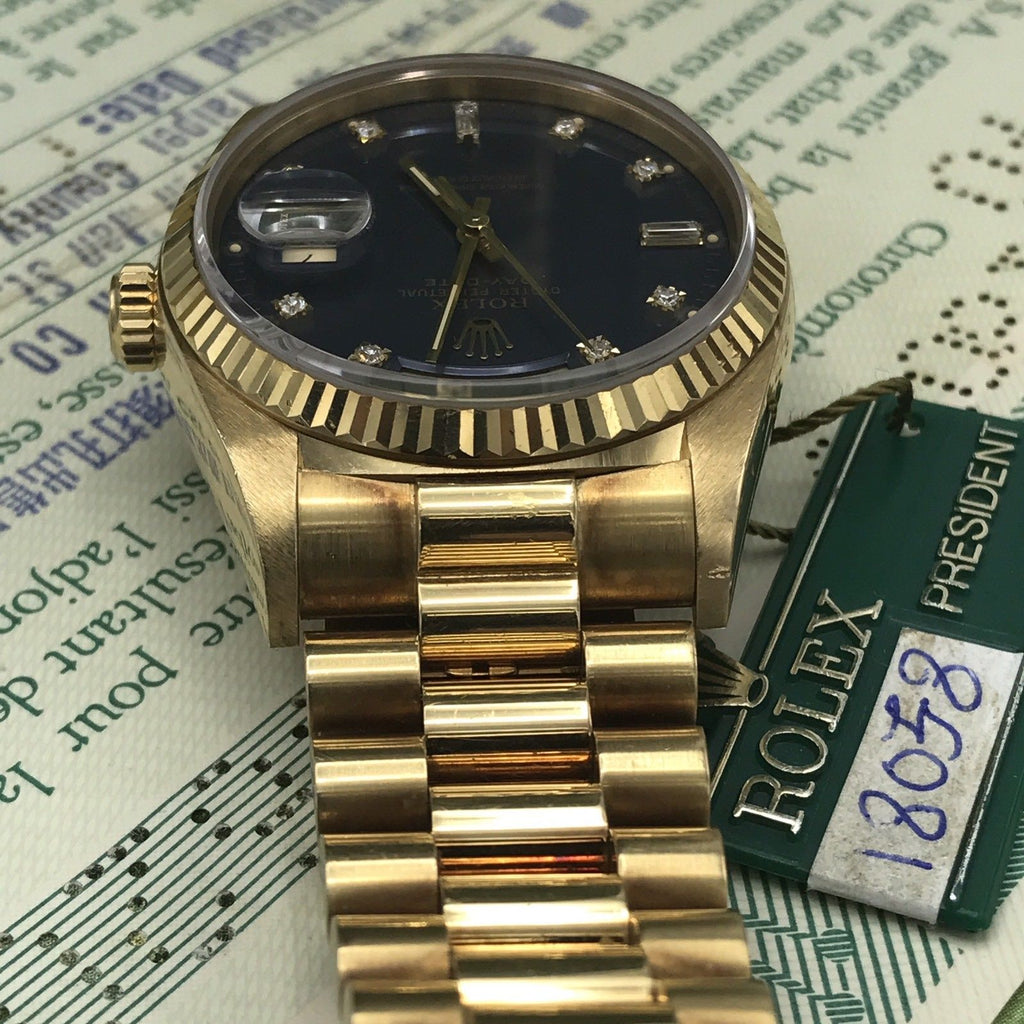 Vintage Rolex Day Date 18038 Solid 18k Gold Blue Diamond Factory Dial Full Set