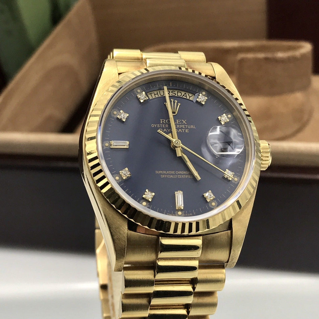 Vintage Rolex Day Date 18038 Solid 18k Gold Blue Diamond Factory Dial Full Set