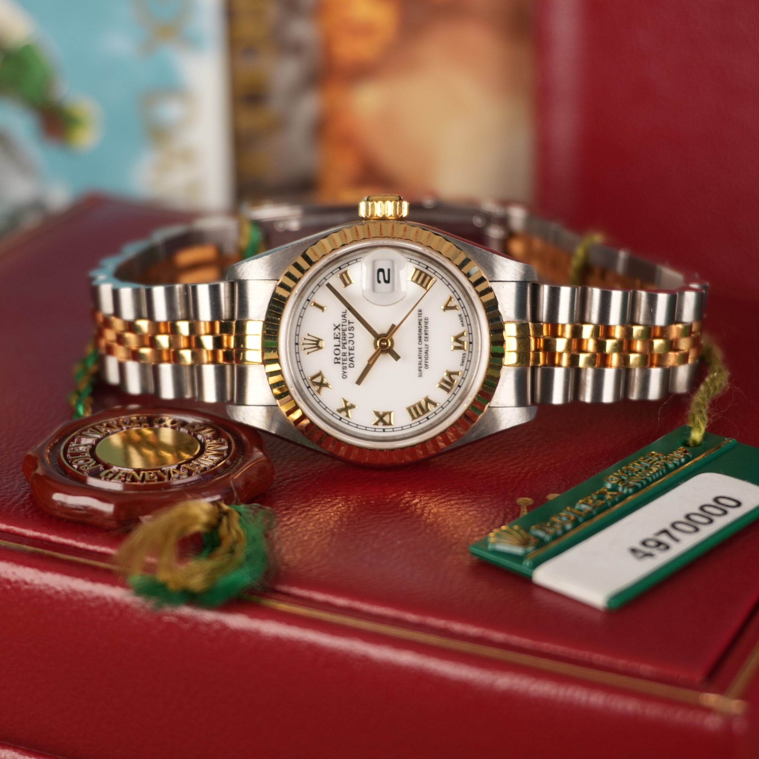1993 NOS Rolex Datejust Ladies 69173 18K Yellow Gold & Steel White Roman Dial New Old Stock
