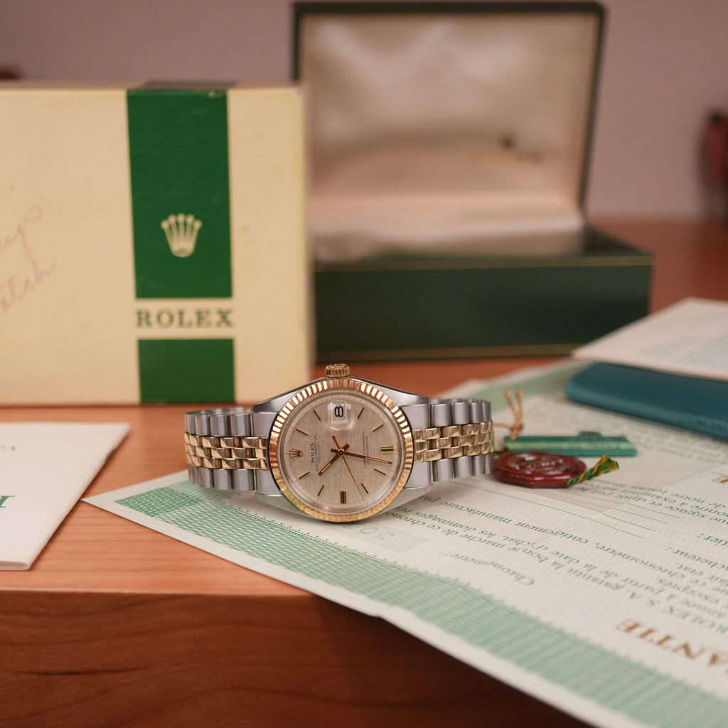 1974 Rolex Datejust 1601 Steel and Gold NOS Linen Dial Full Set with New Old Stock
