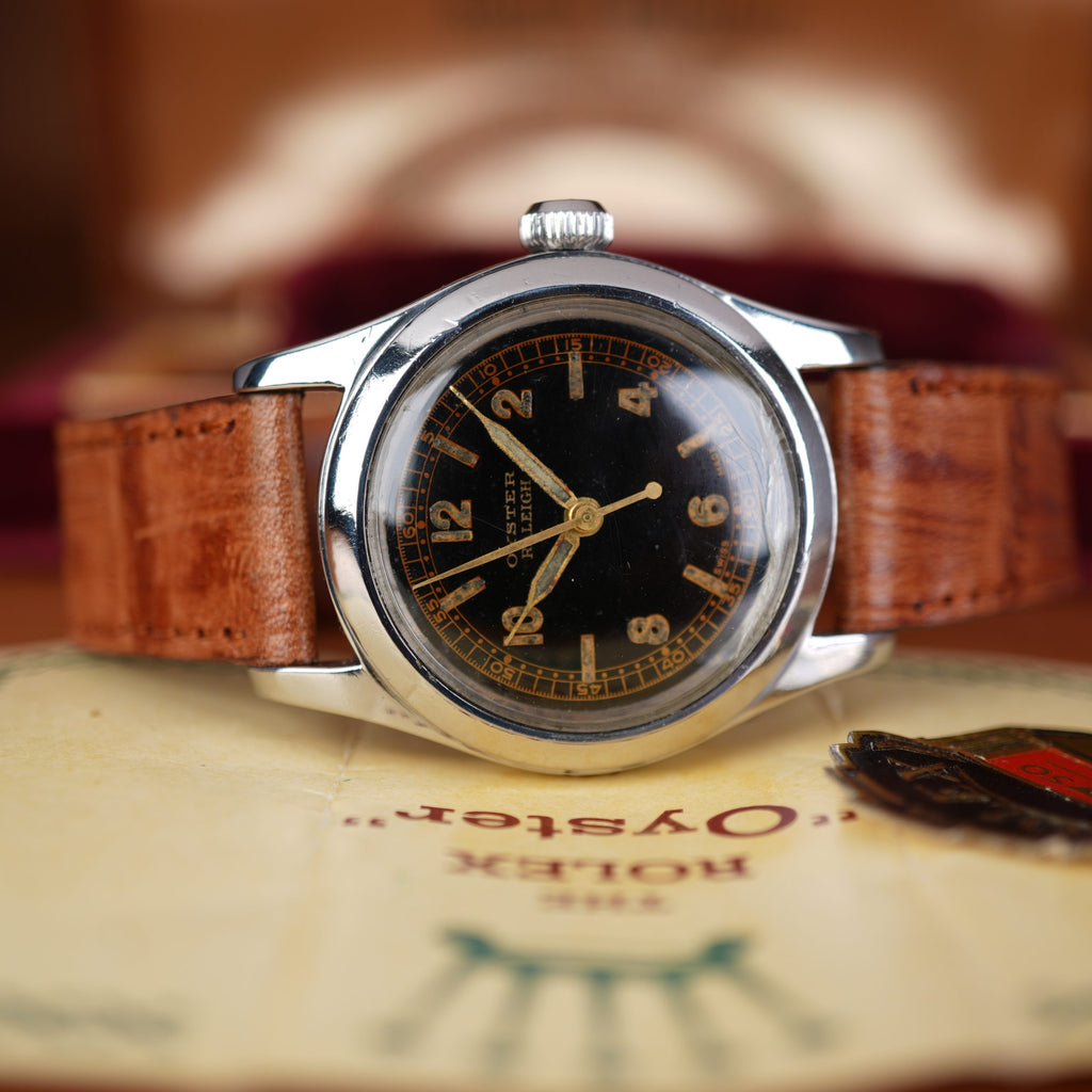 1942 Rolex 3136 Oyster Black Gilt Dial Full Set Box and Papers