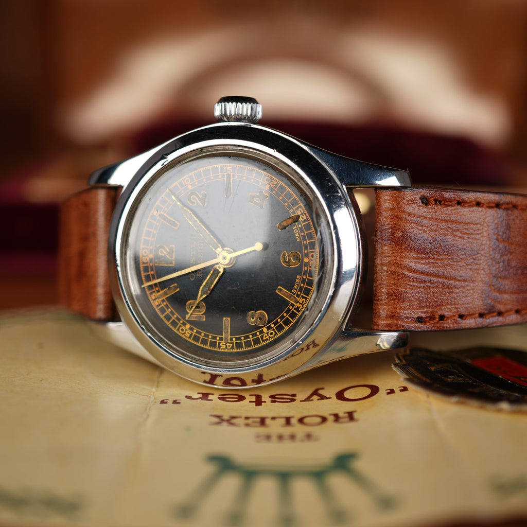 1942 Rolex 3136 Oyster Black Gilt Dial Full Set Box and Papers