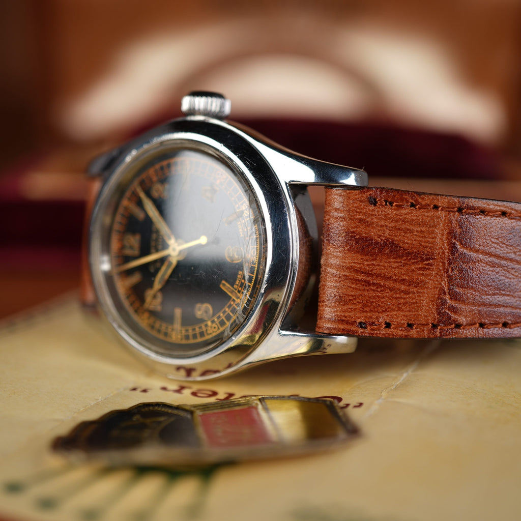 1942 Rolex 3136 Oyster Black Gilt Dial Full Set Box and Papers
