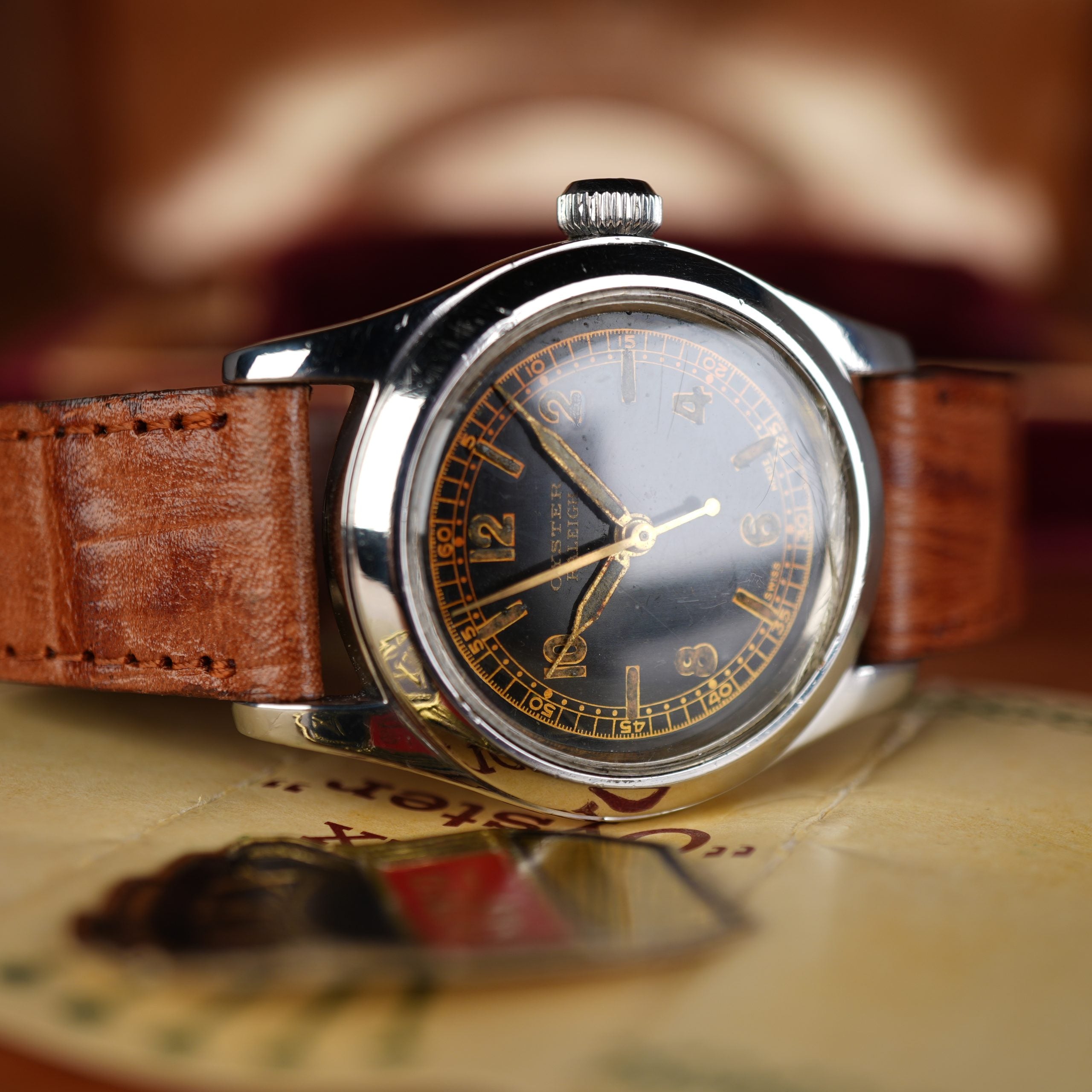 1942 Rolex 3136 Oyster Black Gilt Dial Full Set Box and Papers
