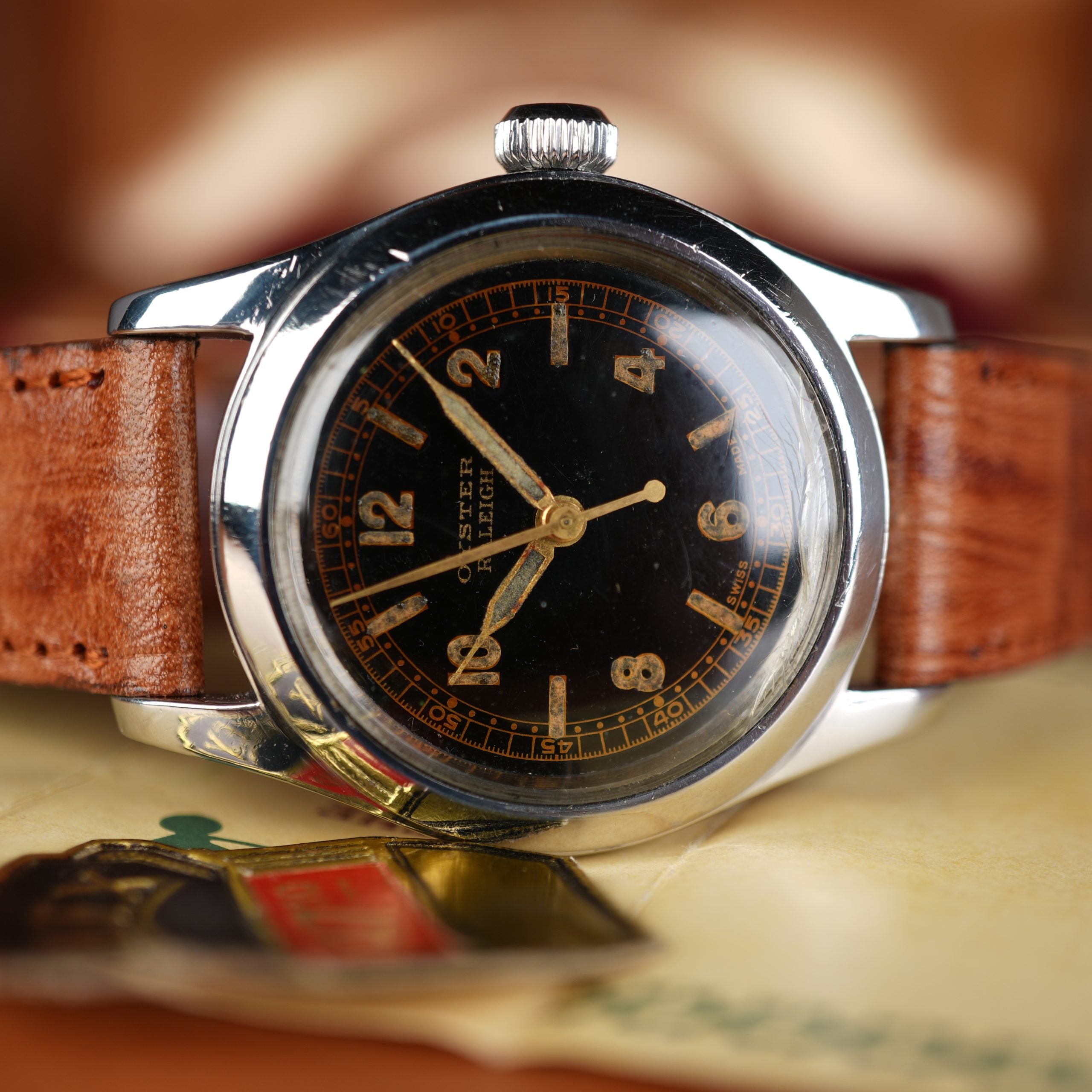 1942 Rolex 3136 Oyster Black Gilt Dial Full Set Box and Papers