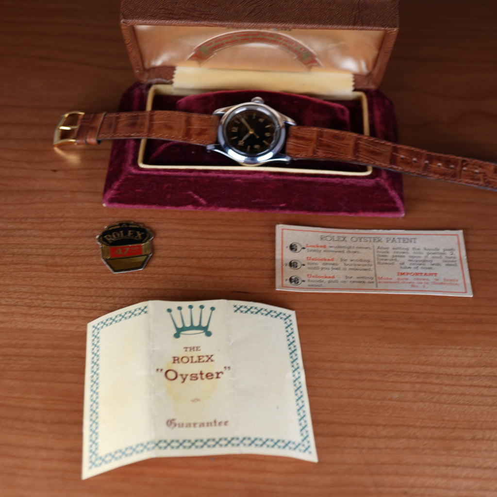 1942 Rolex 3136 Oyster Black Gilt Dial Full Set Box and Papers