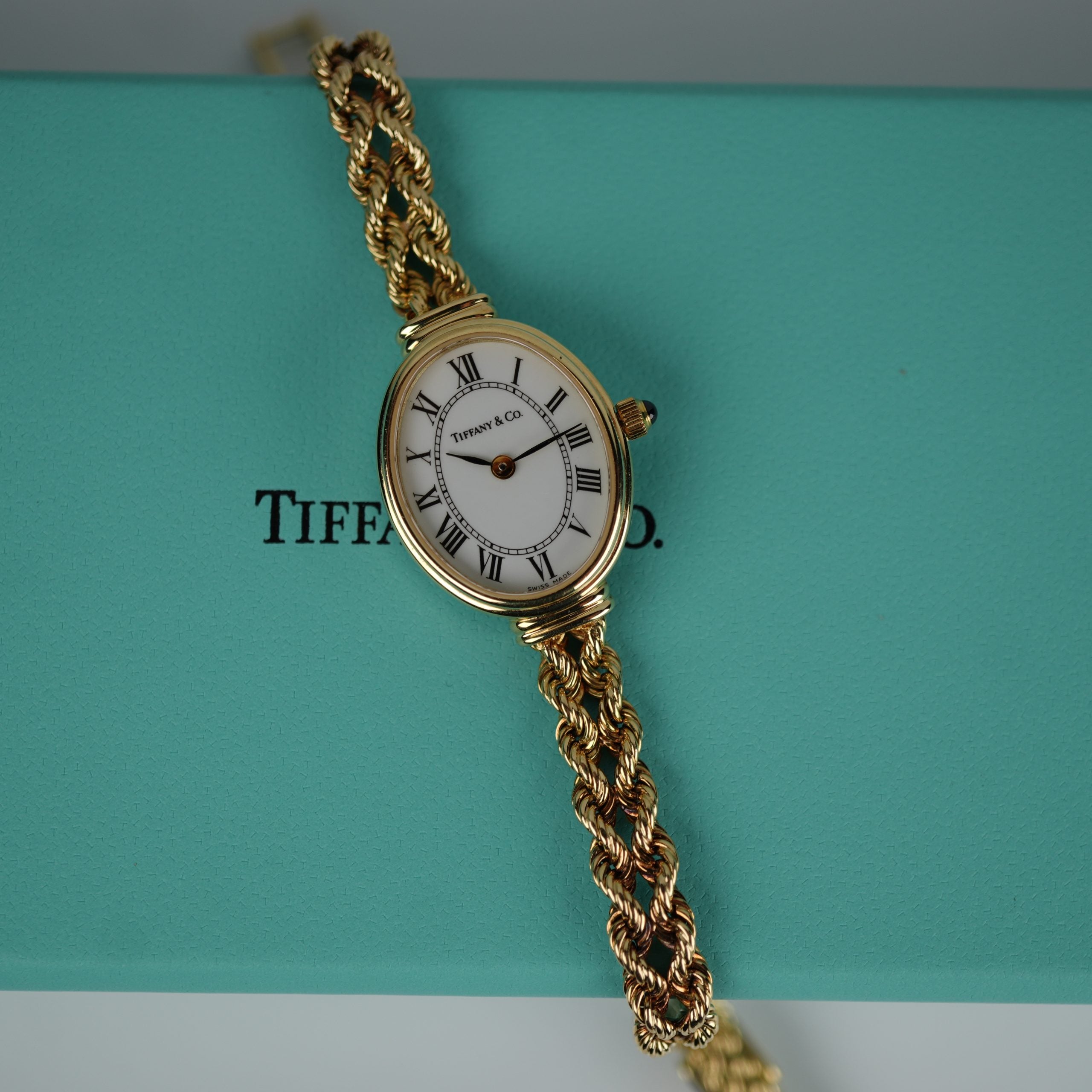 Tiffany & Co. 14k Solid Gold Ladies Watch Oval Roman Dial Mesh Bracelet