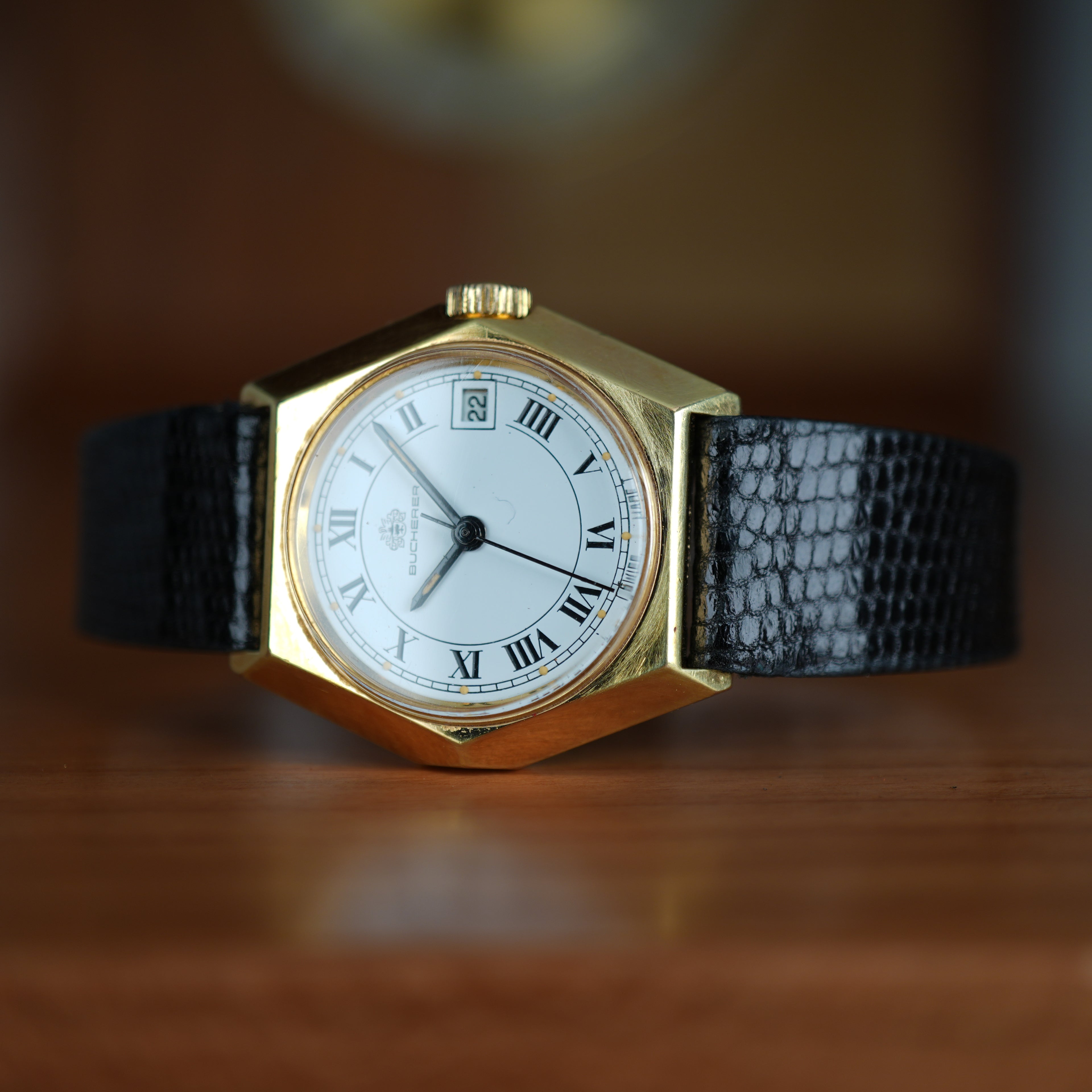 1970’s Bucherer Ladies Watch Manual Date Gold Unique Hexagonal Case
