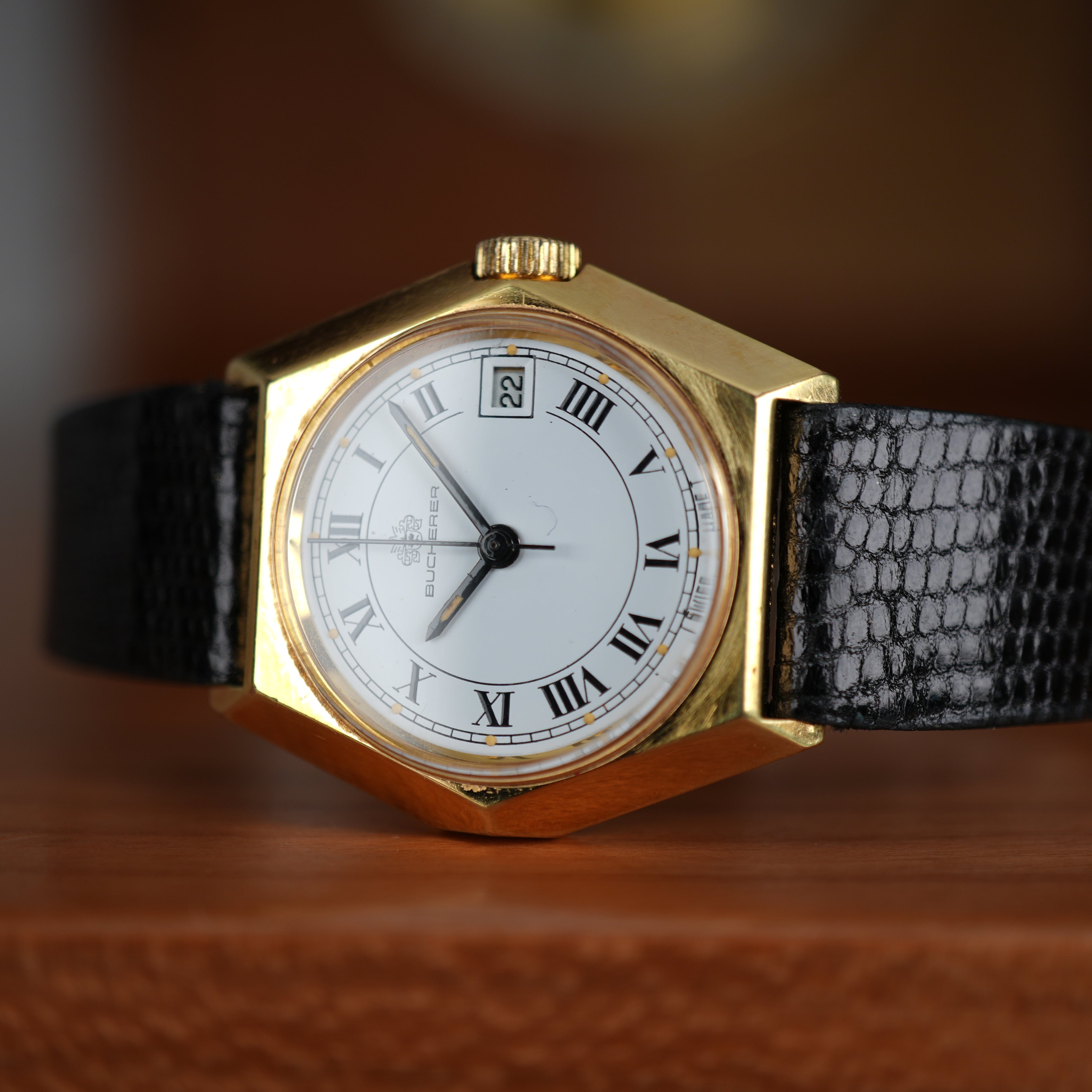 1970’s Bucherer Ladies Watch Manual Date Gold Unique Hexagonal Case