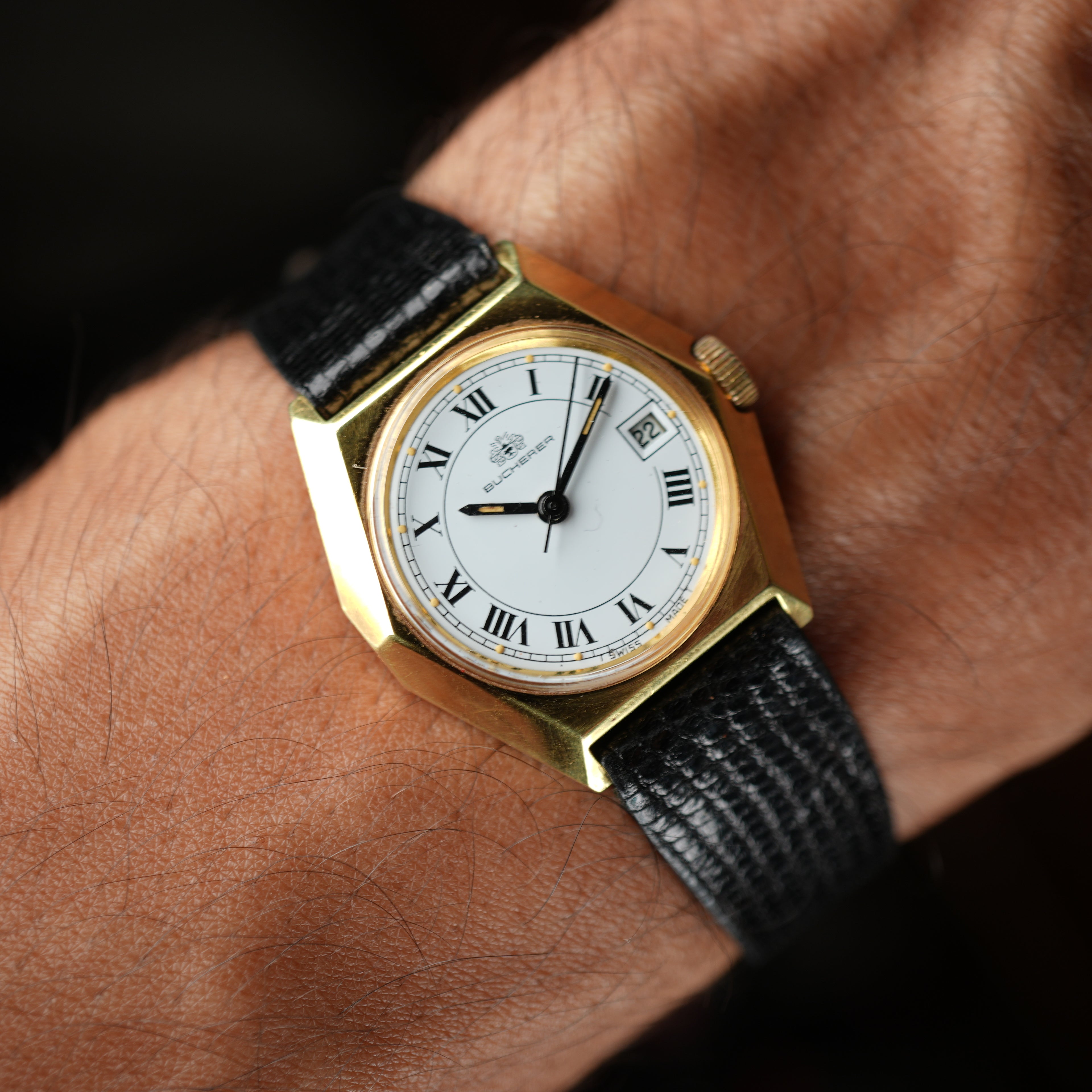 1970’s Bucherer Ladies Watch Manual Date Gold Unique Hexagonal Case