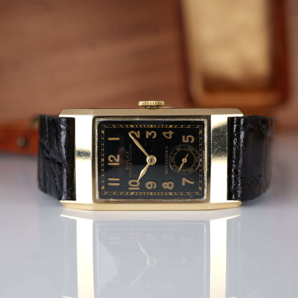1934 Rolex Prince Ref. 2356 in 9K Gold Bucherer Retailed, Ultra-Rare Black Dial, Original Box