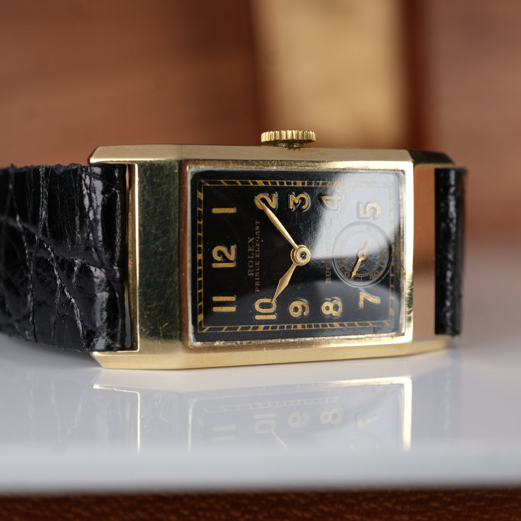 1934 Rolex Prince Ref. 2356 in 9K Gold Bucherer Retailed, Ultra-Rare Black Dial, Original Box