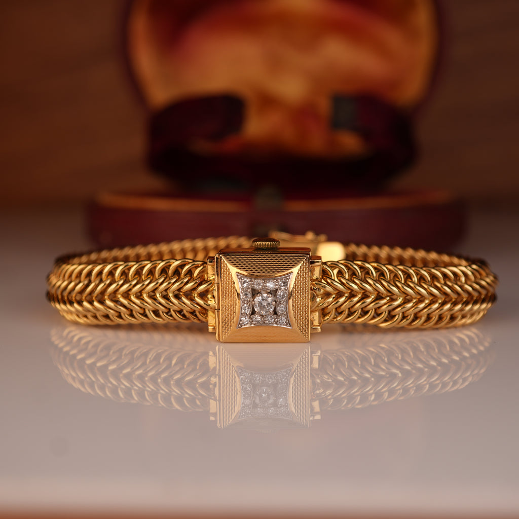 Vintage 1950s Rolex Precision Peekaboo 18K Yellow Gold Diamond Bracelet Watch by Carl Bucherer