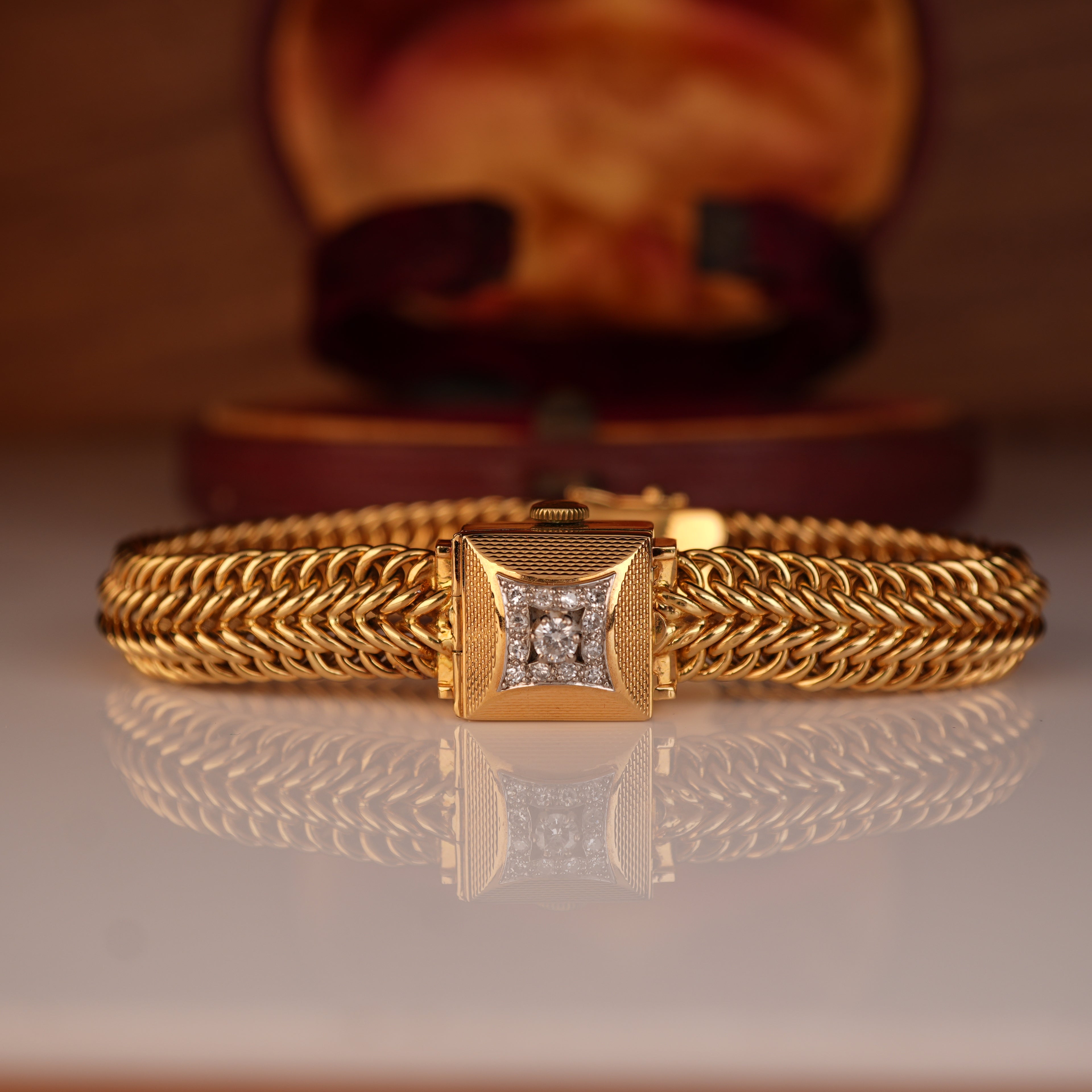 Vintage 1950s Rolex Precision Peekaboo 18K Yellow Gold Diamond Bracelet Watch by Carl Bucherer