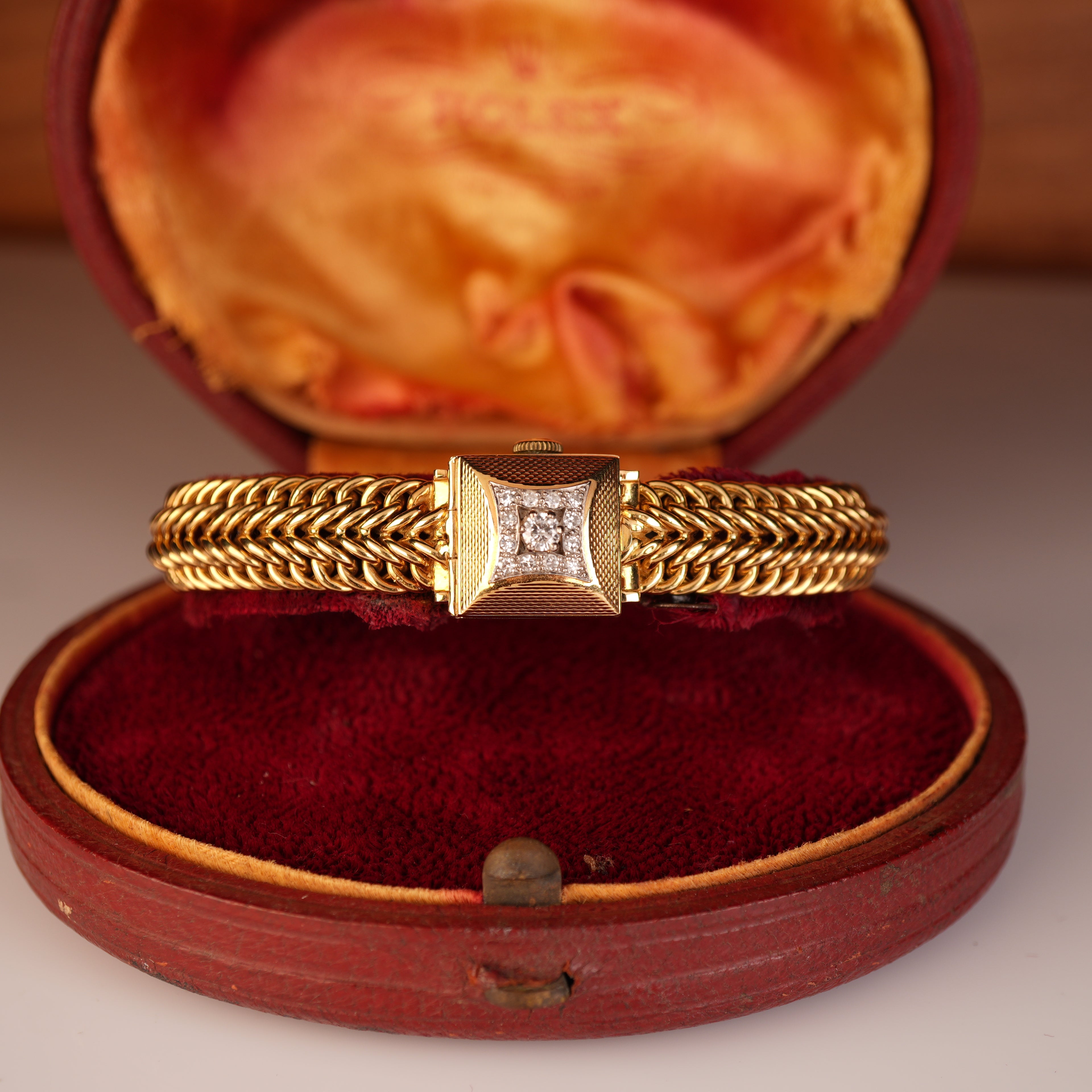 Vintage 1950s Rolex Precision Peekaboo 18K Yellow Gold Diamond Bracelet Watch by Carl Bucherer