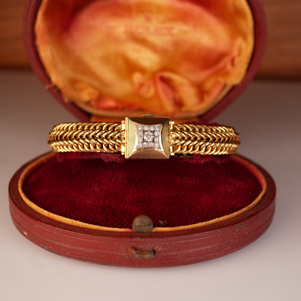 Vintage 1950s Rolex Precision Peekaboo 18K Yellow Gold Diamond Bracelet Watch by Carl Bucherer
