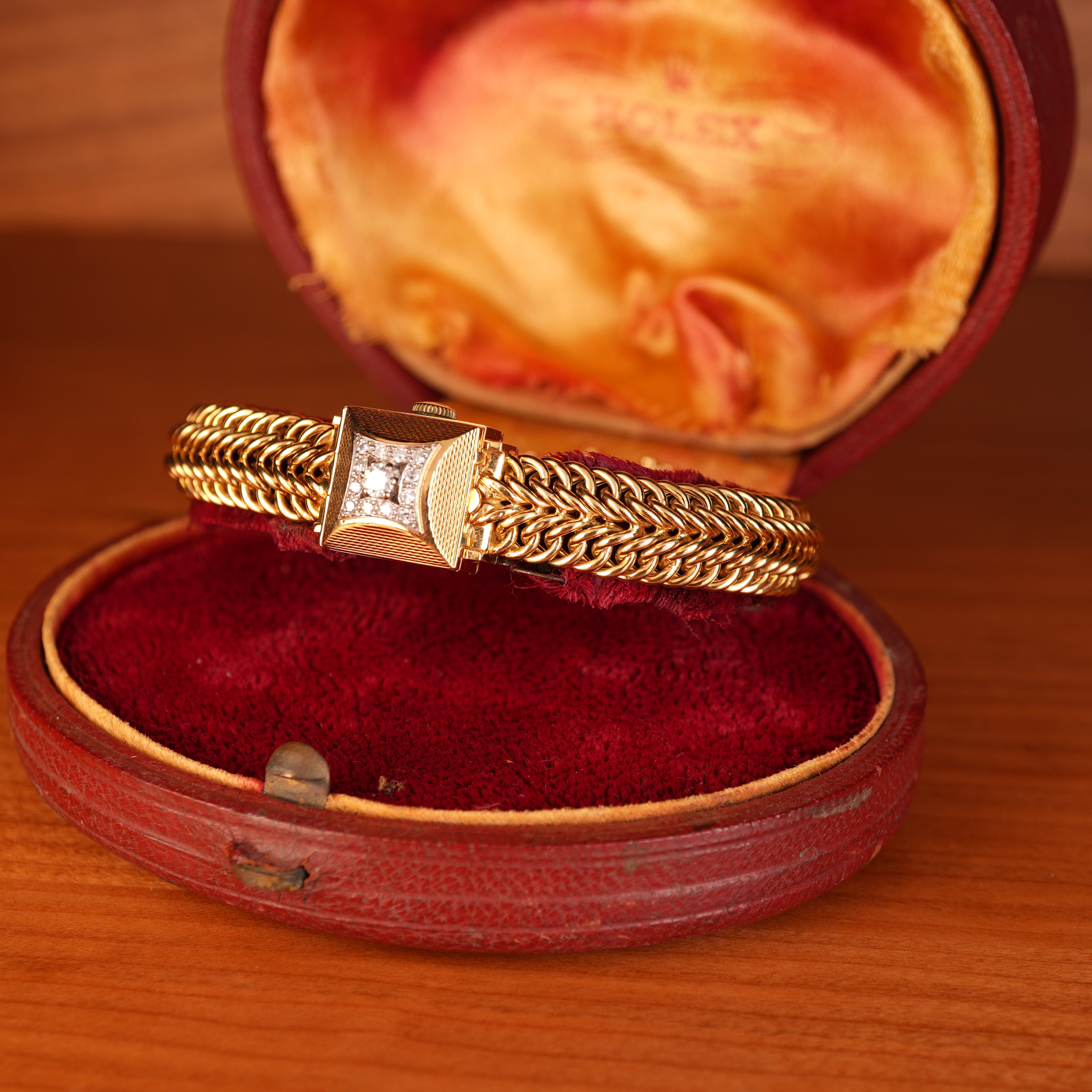 Vintage 1950s Rolex Precision Peekaboo 18K Yellow Gold Diamond Bracelet Watch by Carl Bucherer