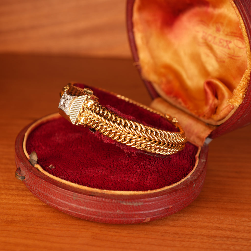 Vintage 1950s Rolex Precision Peekaboo 18K Yellow Gold Diamond Bracelet Watch by Carl Bucherer
