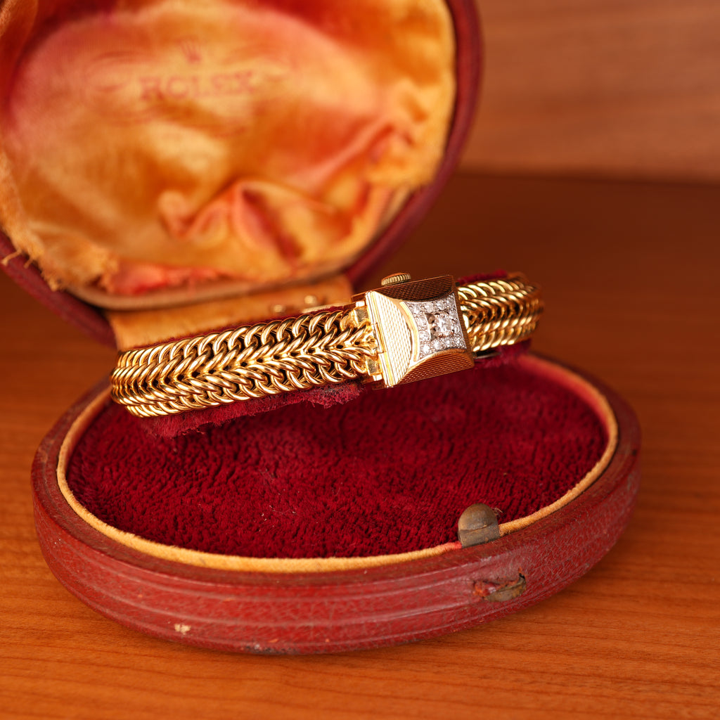 Vintage 1950s Rolex Precision Peekaboo 18K Yellow Gold Diamond Bracelet Watch by Carl Bucherer