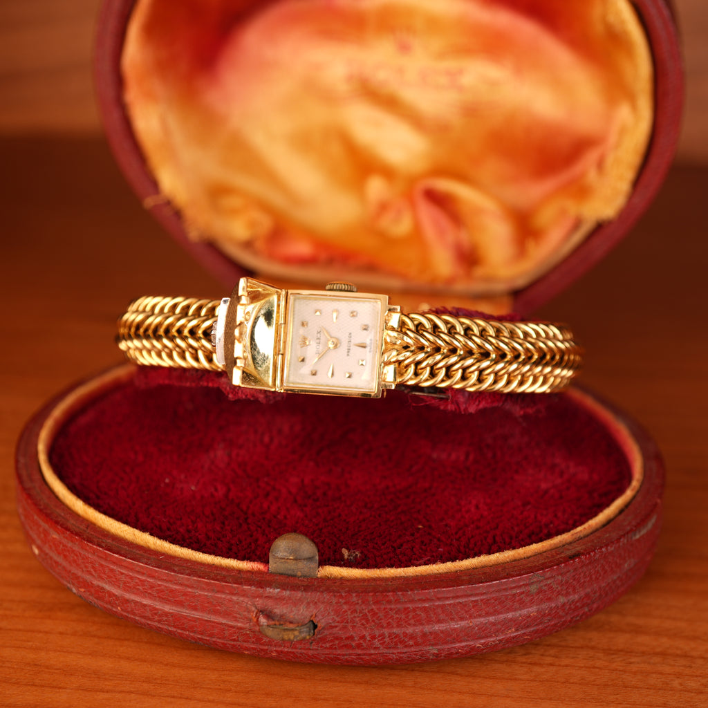 Vintage 1950s Rolex Precision Peekaboo 18K Yellow Gold Diamond Bracelet Watch by Carl Bucherer