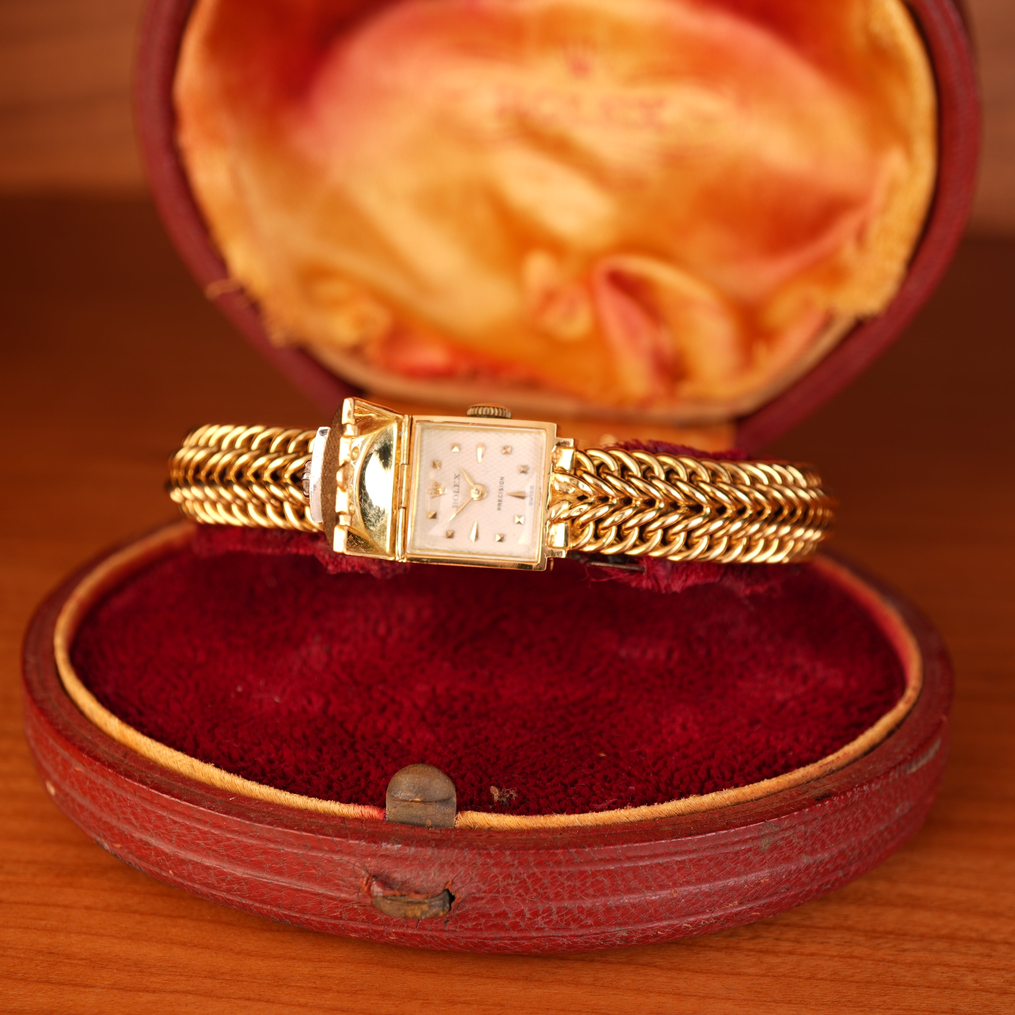 Vintage 1950s Rolex Precision Peekaboo 18K Yellow Gold Diamond Bracelet Watch by Carl Bucherer