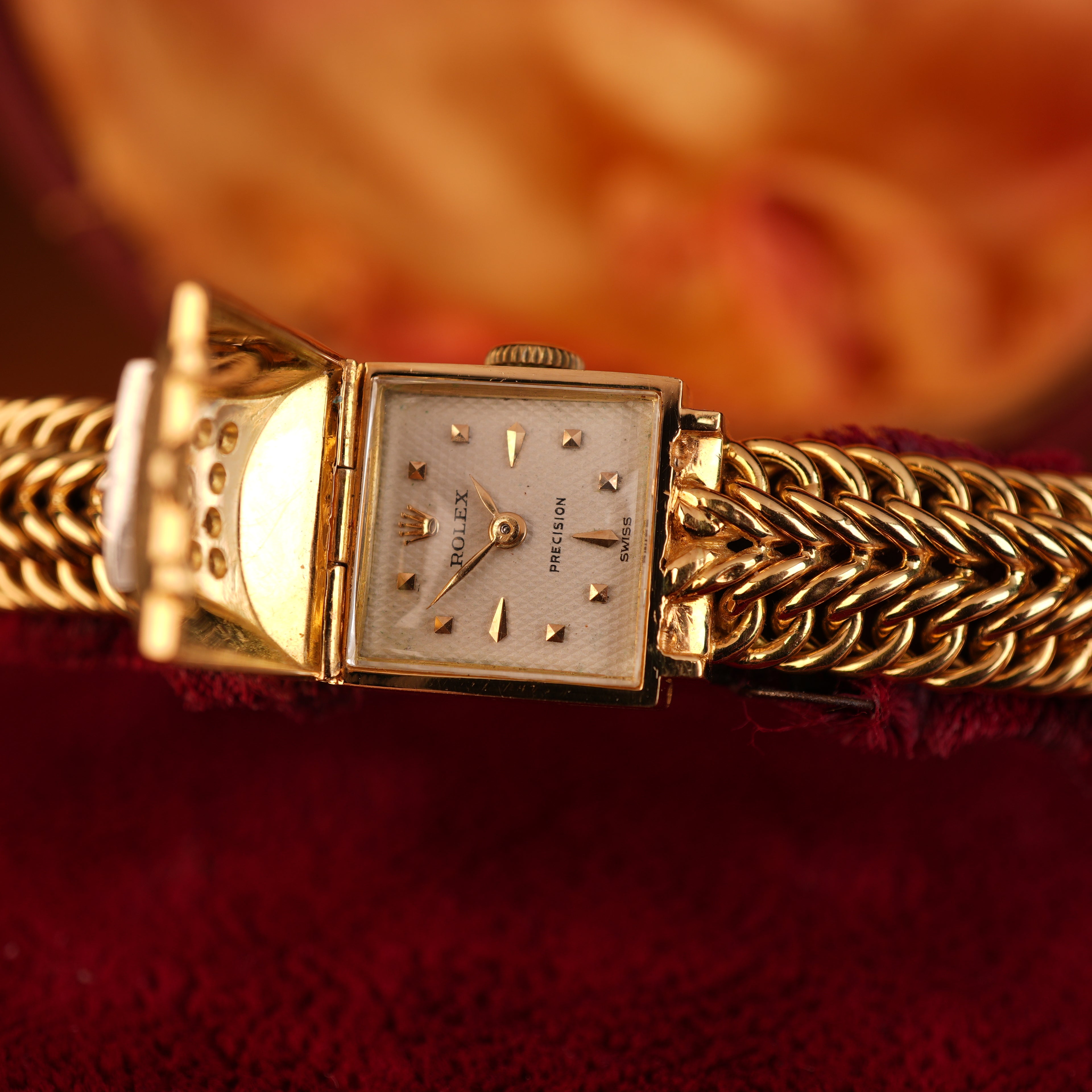 Vintage 1950s Rolex Precision Peekaboo 18K Yellow Gold Diamond Bracelet Watch by Carl Bucherer